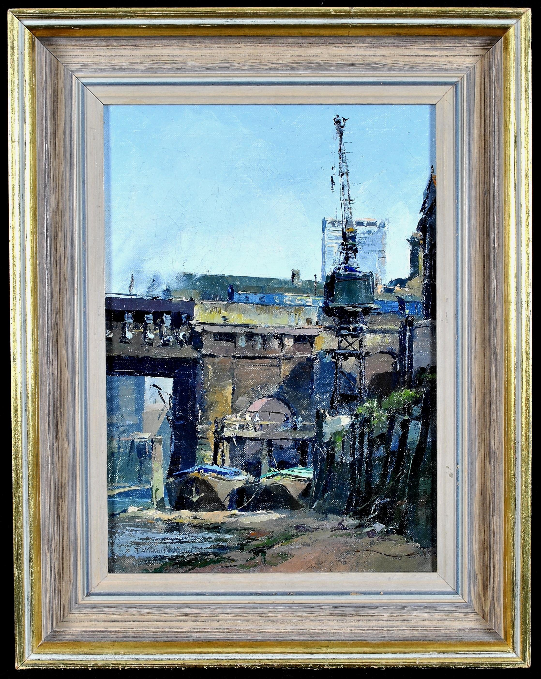 Trevor Chamberlain Landscape Painting - Under Cannon Street Bridge - London Thames River Side Oil on Canvas Painting