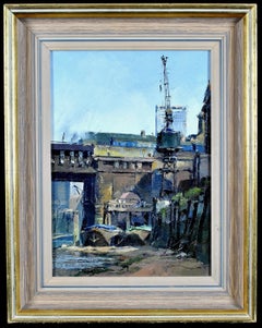 Unter der Cannon Street Bridge - Londoner Themse Flussufer Öl auf Leinwand Gemälde
