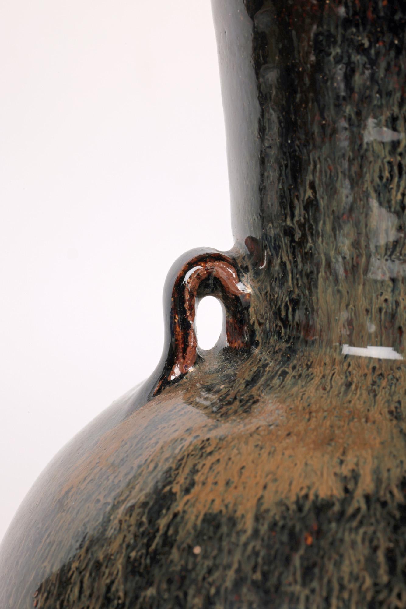 English Trevor Corser Leach Pottery Studio Pottery Twin Handled Haresfur Glazed Vase  For Sale