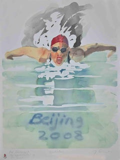 Swimming - Original Lithograph by Trevor Gould - 2008