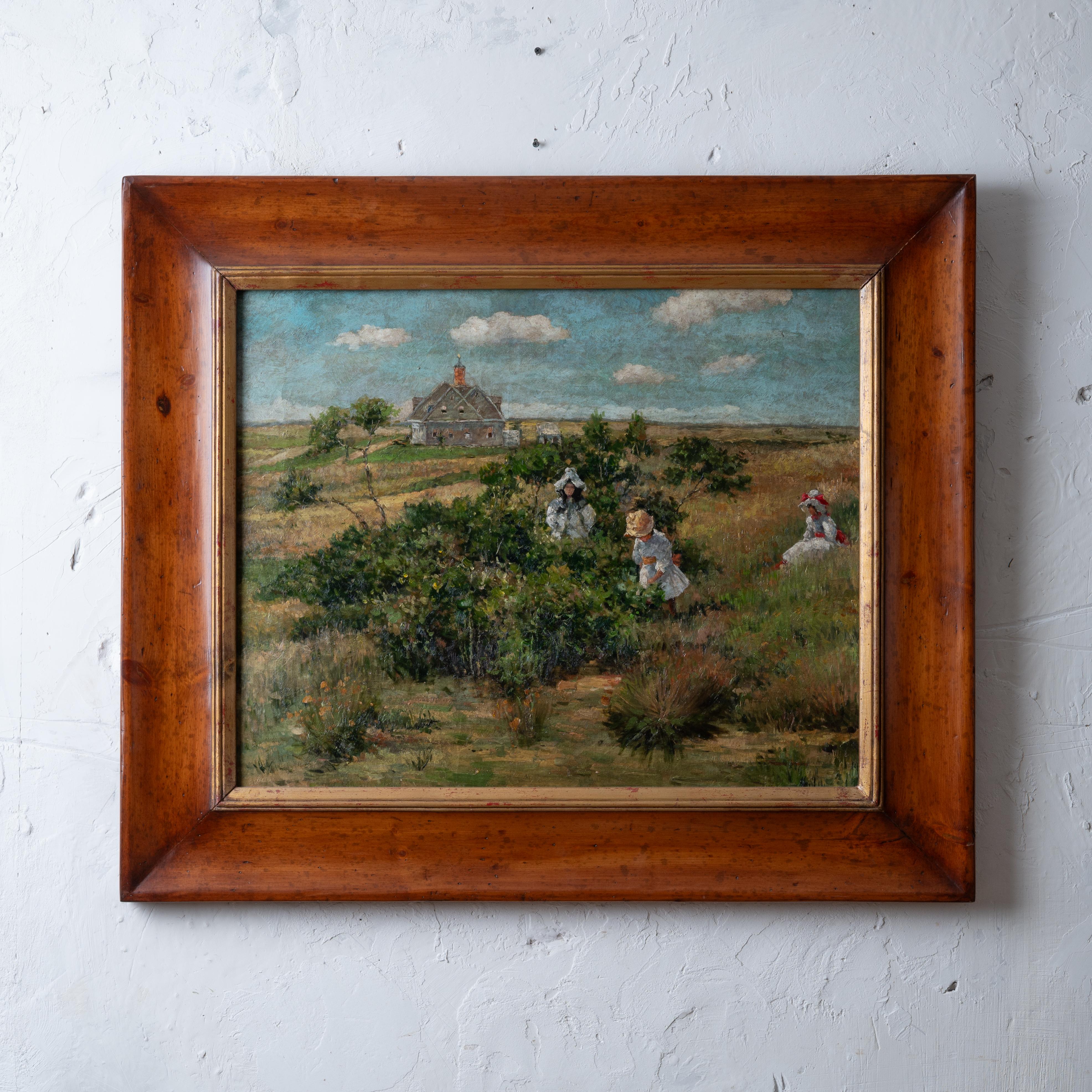 An impressionist landscape by Trevor James after William Merritt Chase, entitled The Big Bayberry Bush, depicting the Chase homestead at Shinnecock with girls at play in the bayberry bush.

sight: 29 ½ by 23 ½ inches
frame: 40 ½ by 34 ¼ inches

Very