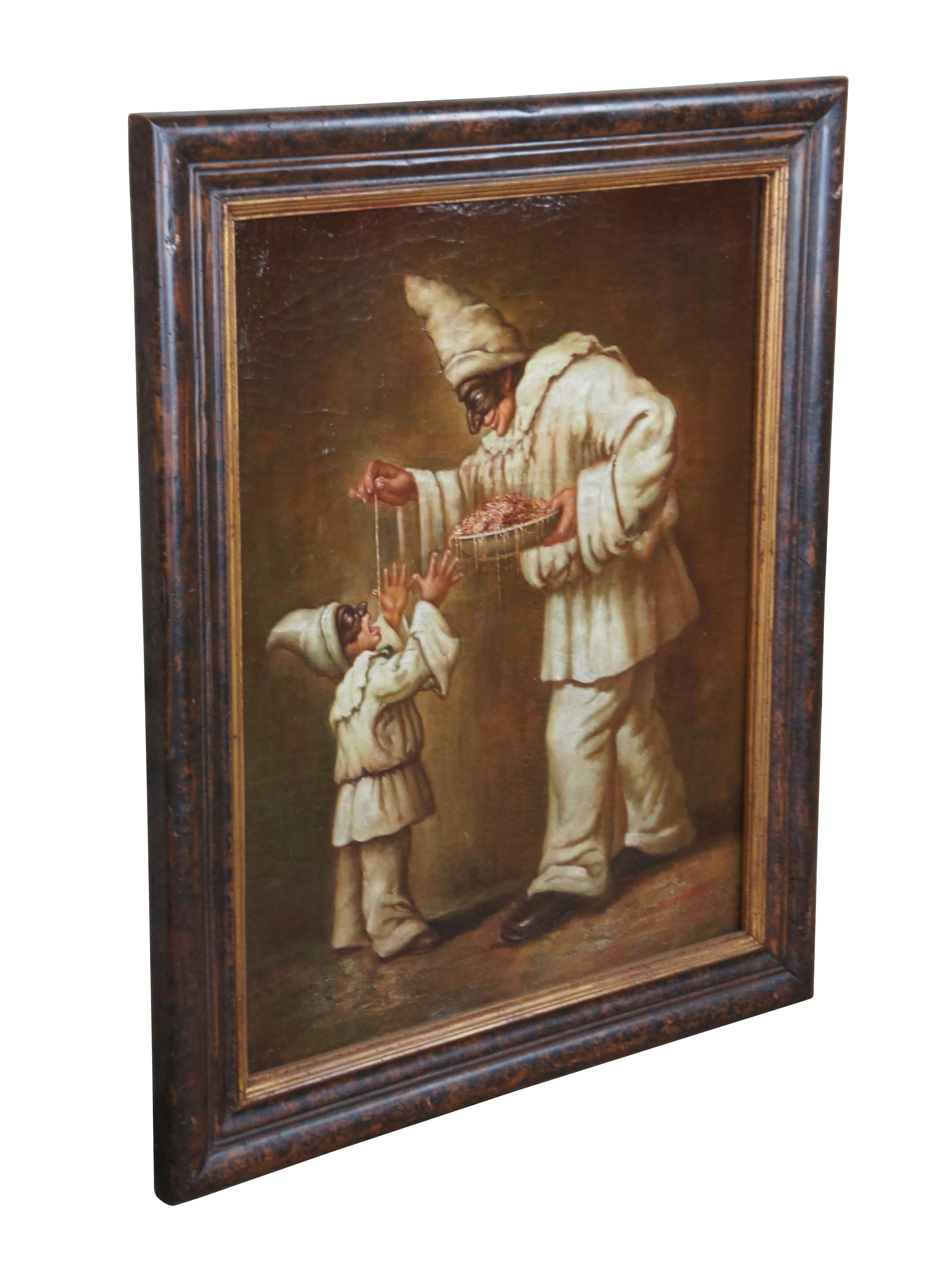Pulcinella Feeding or Distributing Pasta After an Original by Michele Cammarano. The original was painted in the 19th Century. This reproduction hand painted oil comes from the second part of the 20th century. The painting is signed lower right