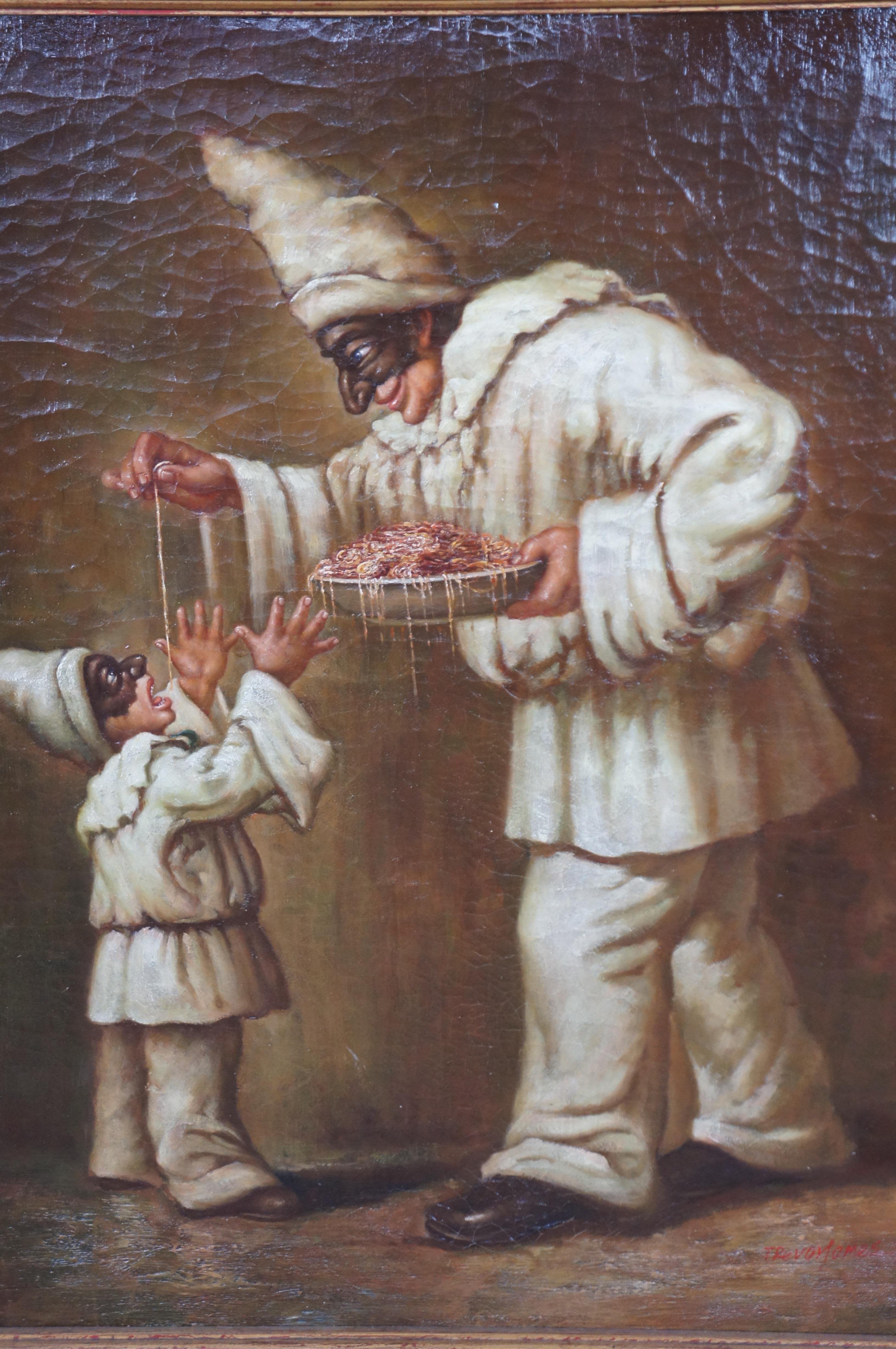 20th Century Trevor James Oil Painting Pulcinella Feeding Pasta After Michele Cammarano 36