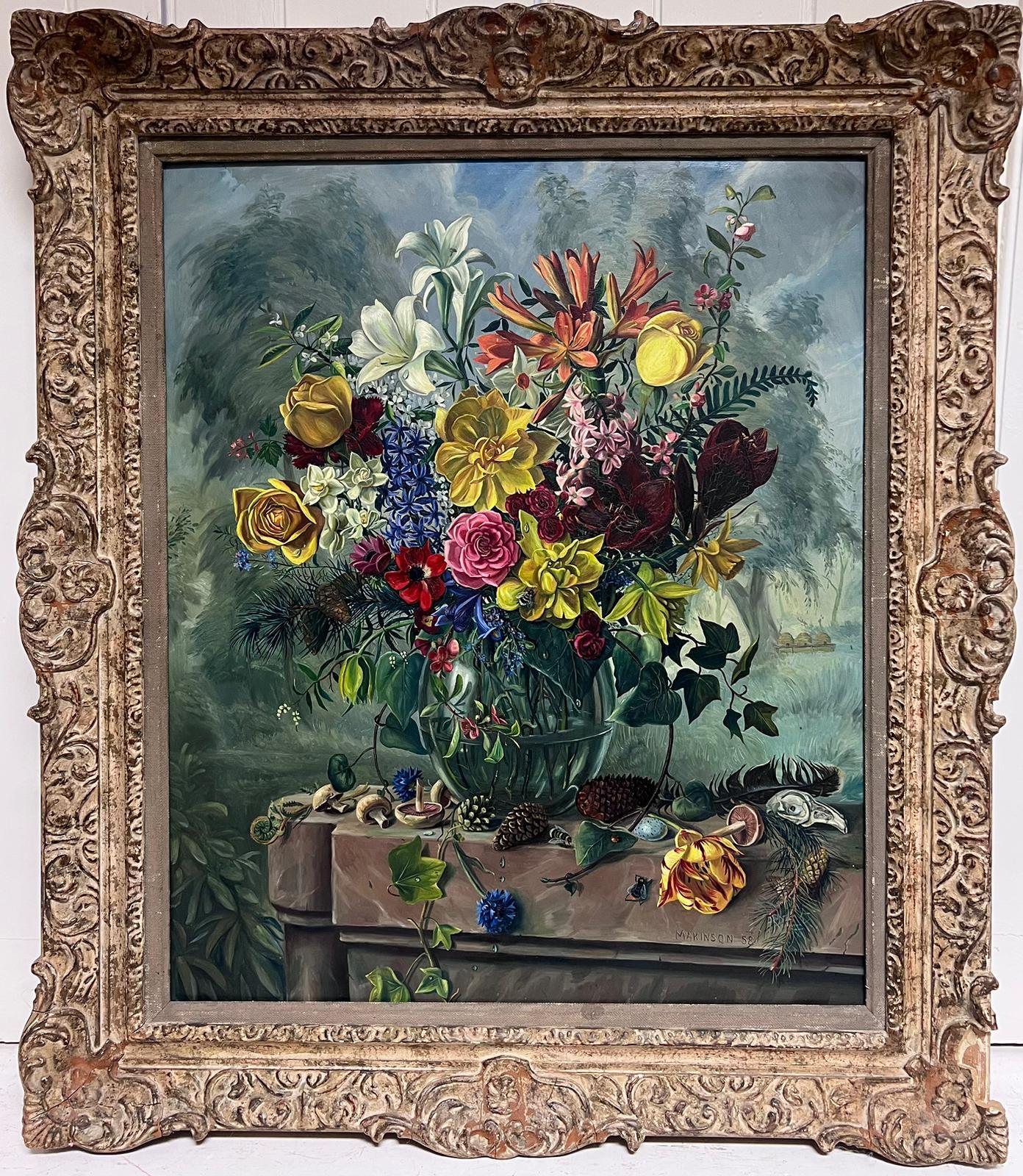 Still Life of Flowers with Pine Cones
by Trevor Makison (see details verso)
signed oil on board, framed
inscribed verso
framed: 30.5 x 26 inches
board : 24 x 19.5 inches
provenance: private collection, France
condition: very good and sound