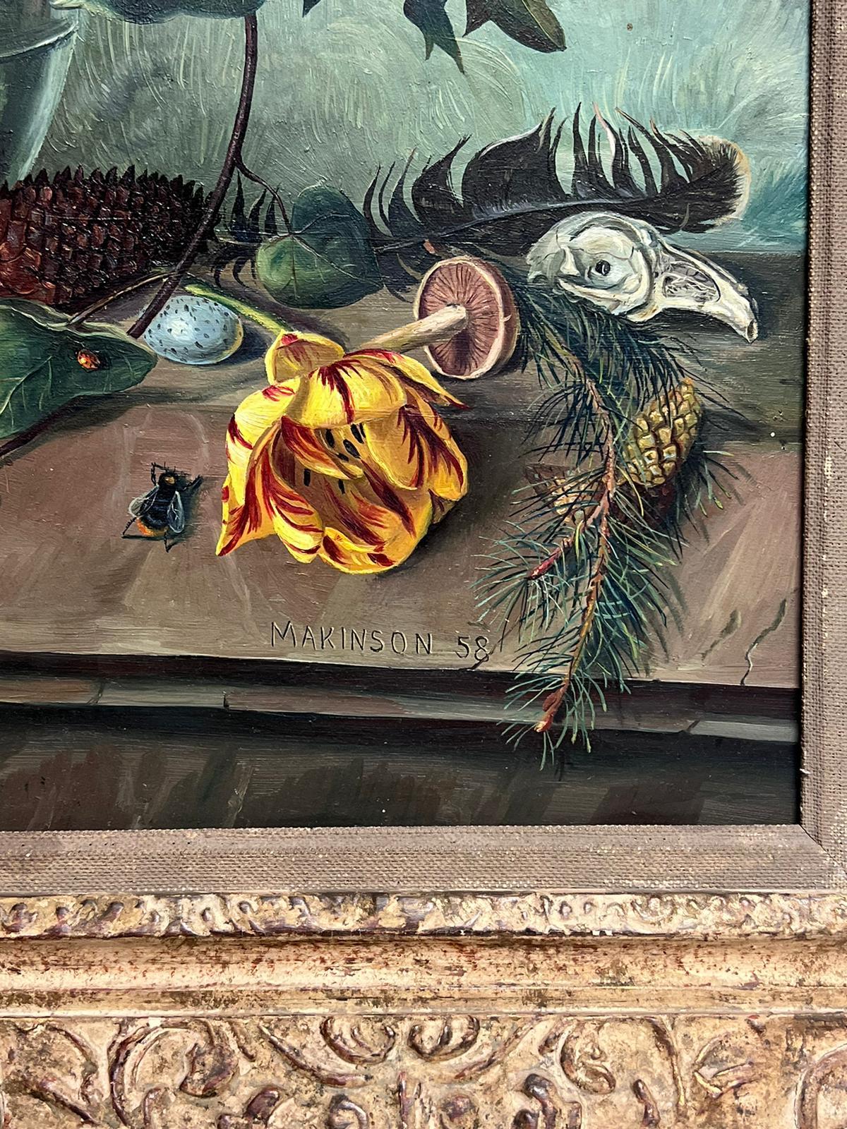 Fine 20th Century British Still Life Oil Painting Ornate Flowers with Pine Cones 1