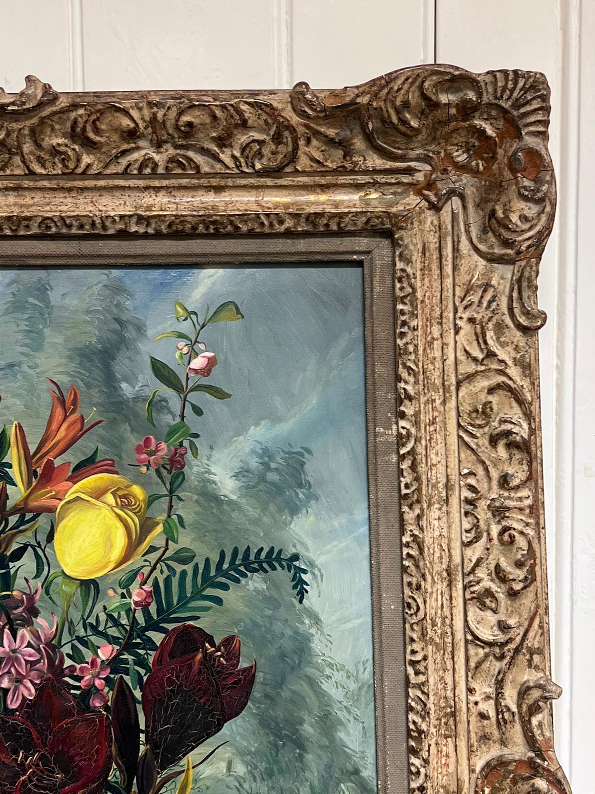 Fine 20th Century British Still Life Oil Painting Ornate Flowers with Pine Cones 3