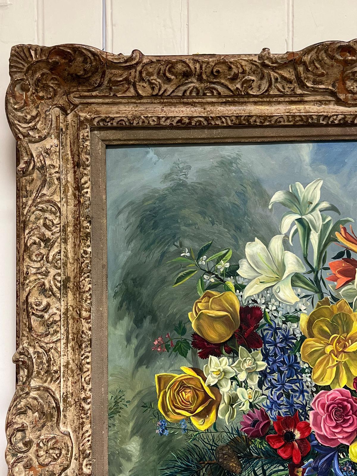 Fine 20th Century British Still Life Oil Painting Ornate Flowers with Pine Cones 4