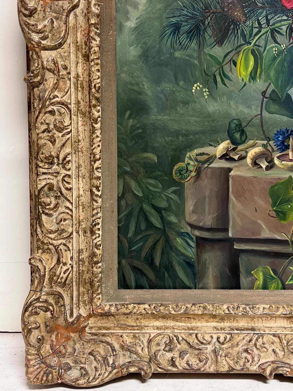 Fine 20th Century British Still Life Oil Painting Ornate Flowers with Pine Cones 5