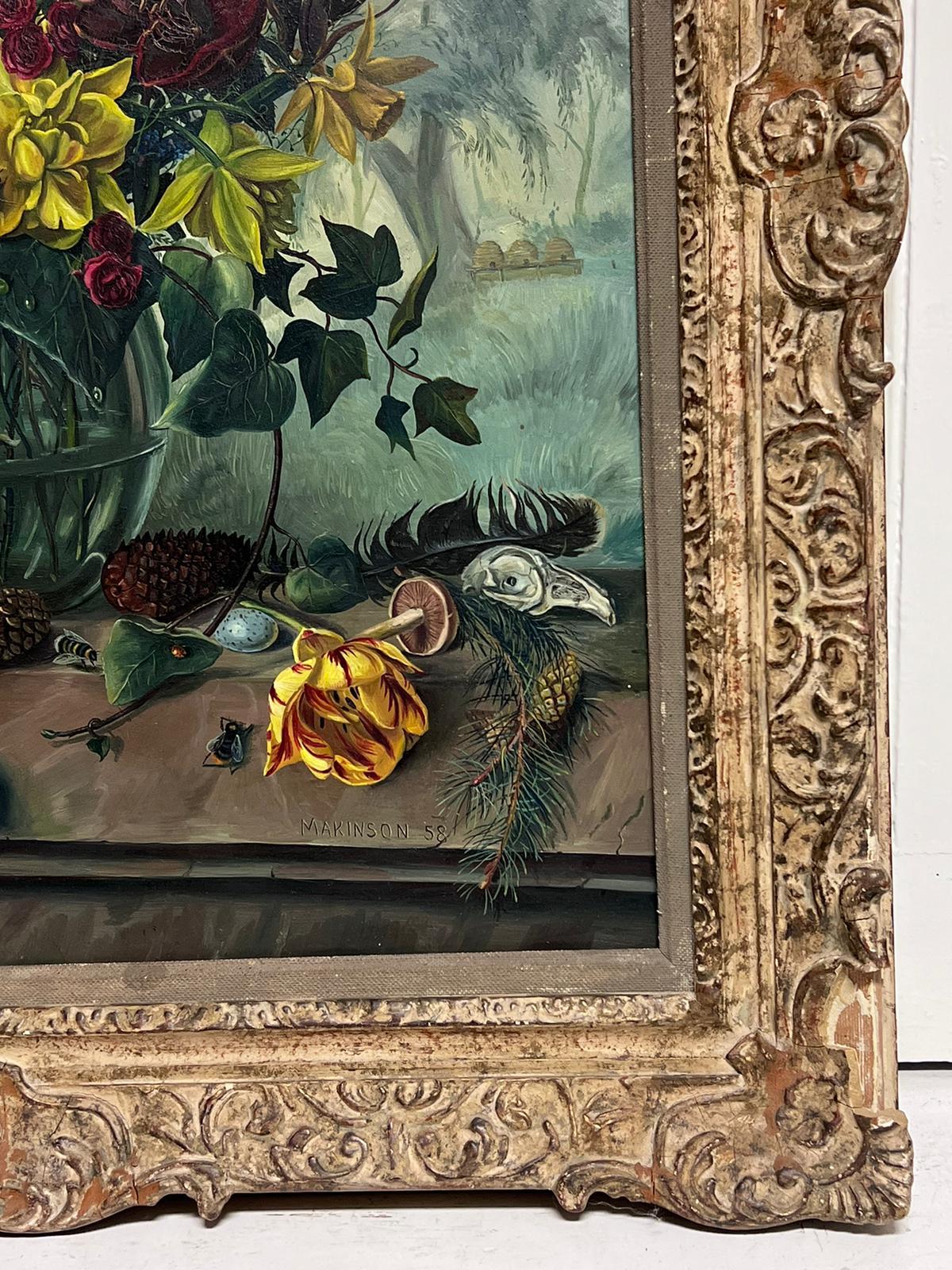 Fine 20th Century British Still Life Oil Painting Ornate Flowers with Pine Cones 6