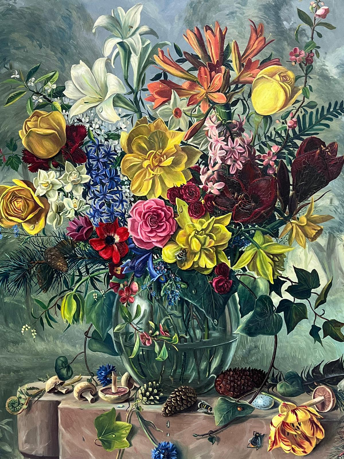 Fine 20th Century British Still Life Oil Painting Ornate Flowers with Pine Cones 7
