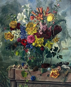 Fine 20th Century British Still Life Oil Painting Ornate Flowers with Pine Cones