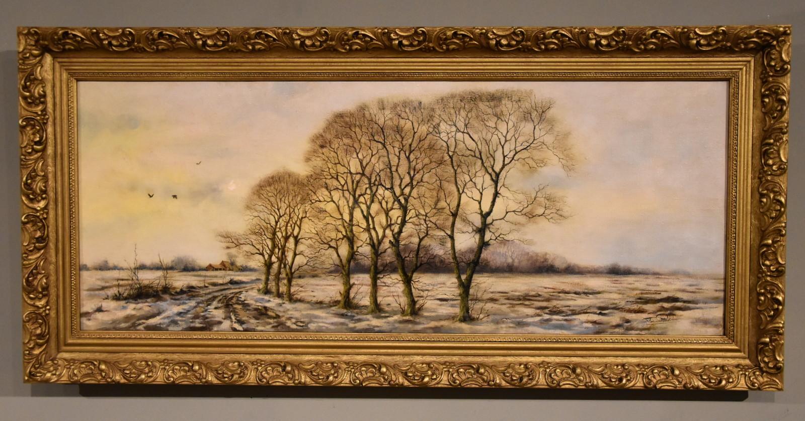 Pintura al óleo de Trevor Parkin "Una tarde de invierno" Nacido en 1935 Pintor, ilustrador y profesor nacido en South Normanton, Derbyshire. Estudió en la Escuela de Arte de Derby . Exposiciones individuales en Suffolk y Nottinghamshire. Libros
