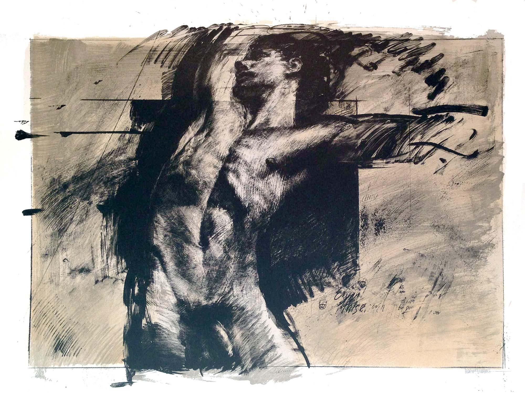 Signed, titled and numbered by the artist from the edition of 150. Male nude against an abstract background with predominantly black, tan and brown colors.

Trevor Southey was born in Rhodesia, Africa (now Zimbabwe) in 1940. His African heritage can