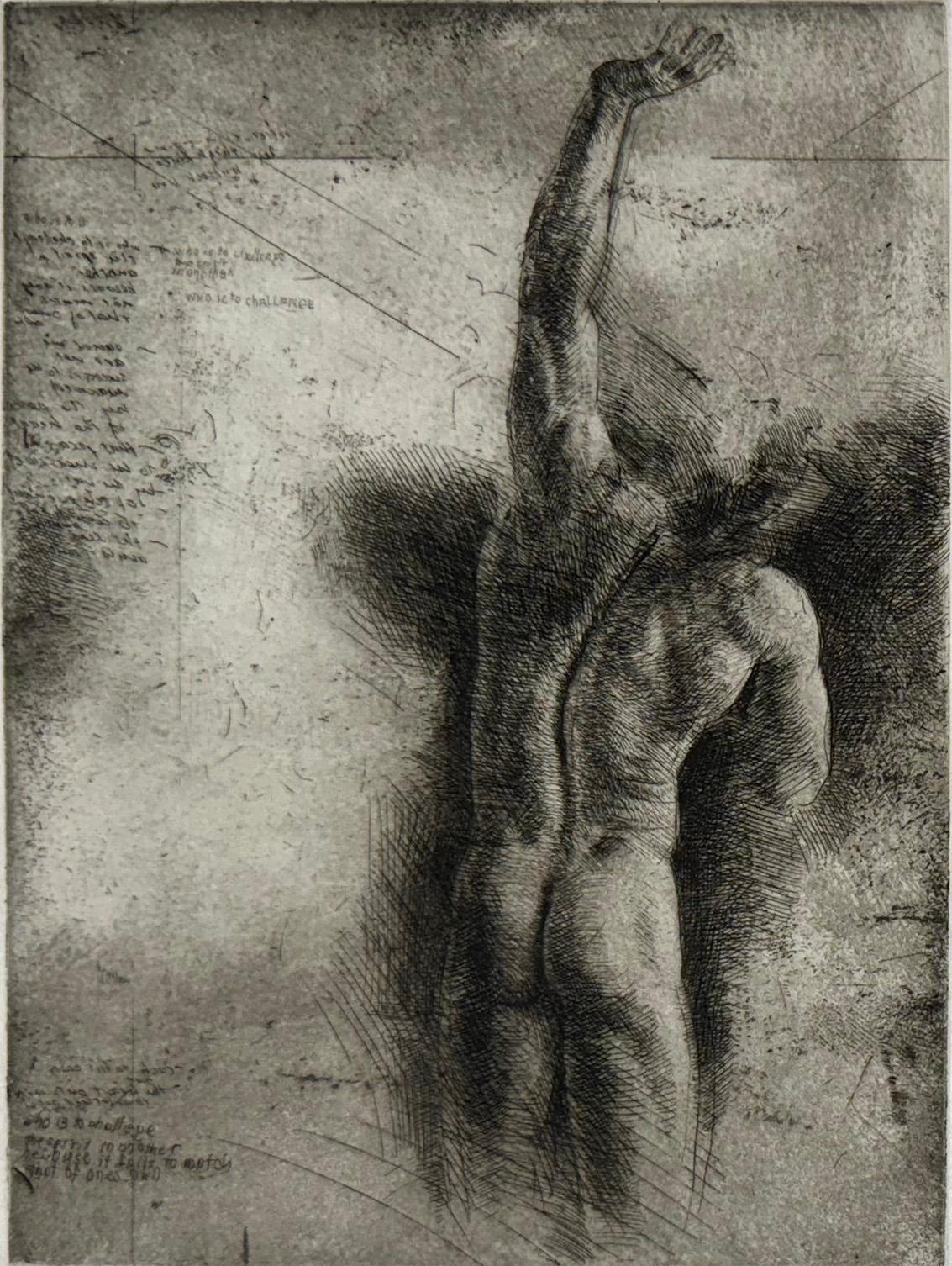 Signed, titled and numbered by the artist from an edition of 100. Male nude etching by Trevor Southey.  

Trevor Southey was born in Rhodesia, Africa (now Zimbabwe) in 1940. His African heritage can be traced to European colonists who settled in