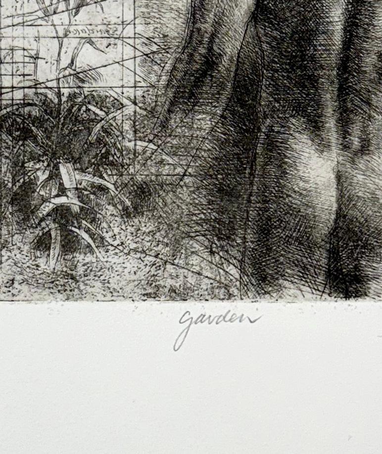Male nude etching by Trevor Southey in a garden setting. 
Medium: Etching
Year: 1994
Edition of 150
Image Size: 8 x 6 inches

Trevor Southey was born in Rhodesia, Africa (now Zimbabwe) in 1940. His African heritage can be traced to European