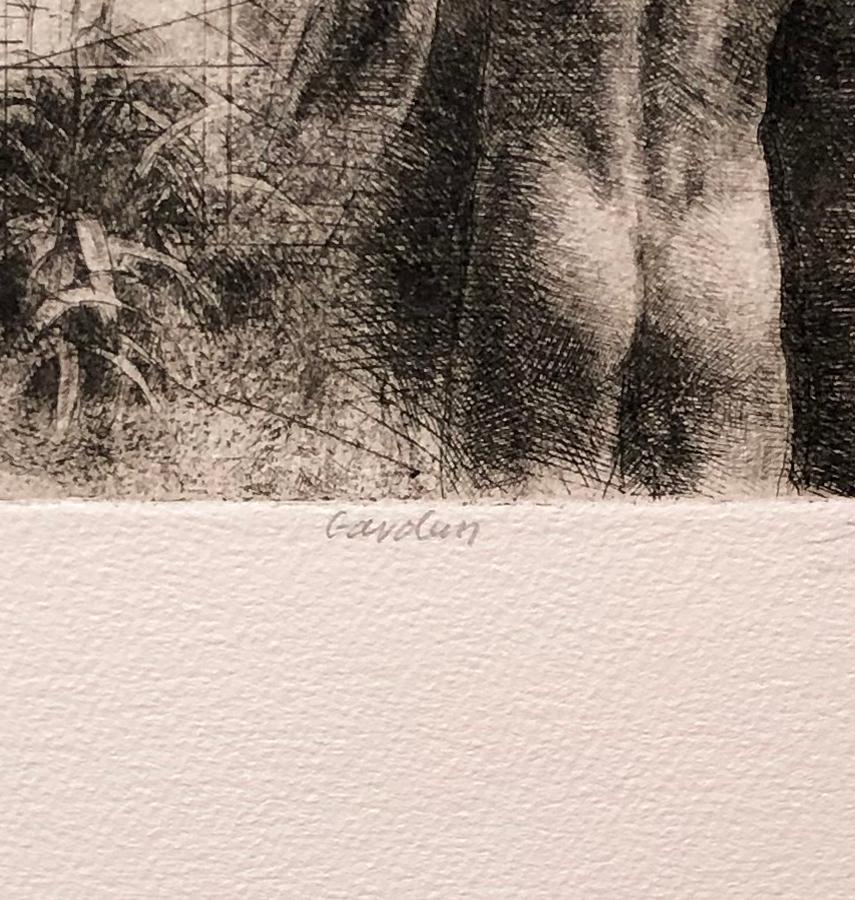 Male nude etching by Trevor Southey. Signed, titled and numbered by the artist from the edition of 150.

Trevor Southey was born in Rhodesia, Africa (now Zimbabwe) in 1940. His African heritage can be traced to European colonists who settled in Cape