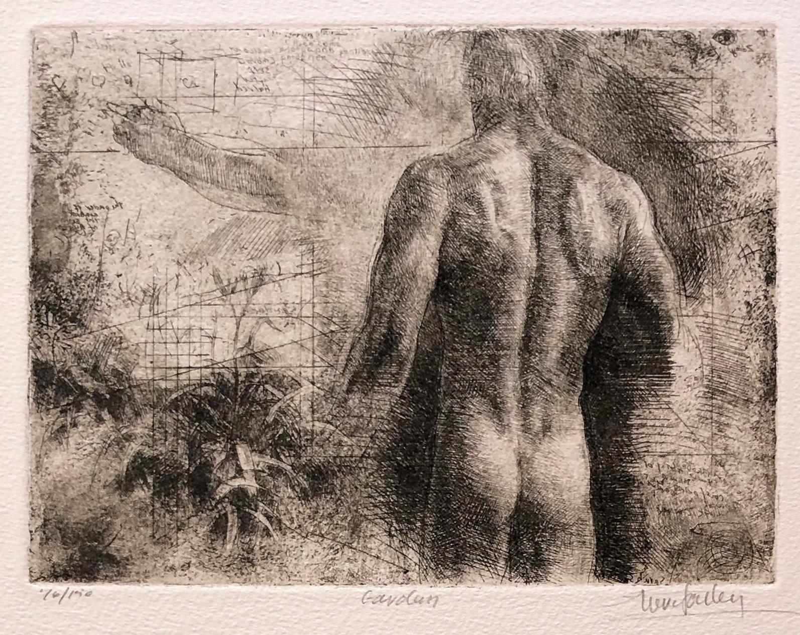 Male nude etching by Trevor Southey.
Medium: Etching
Year: 1994
Edition of 150
Image Size: 8 x 6 inches

Trevor Southey was born in Rhodesia, Africa (now Zimbabwe) in 1940. His African heritage can be traced to European colonists who settled in Cape