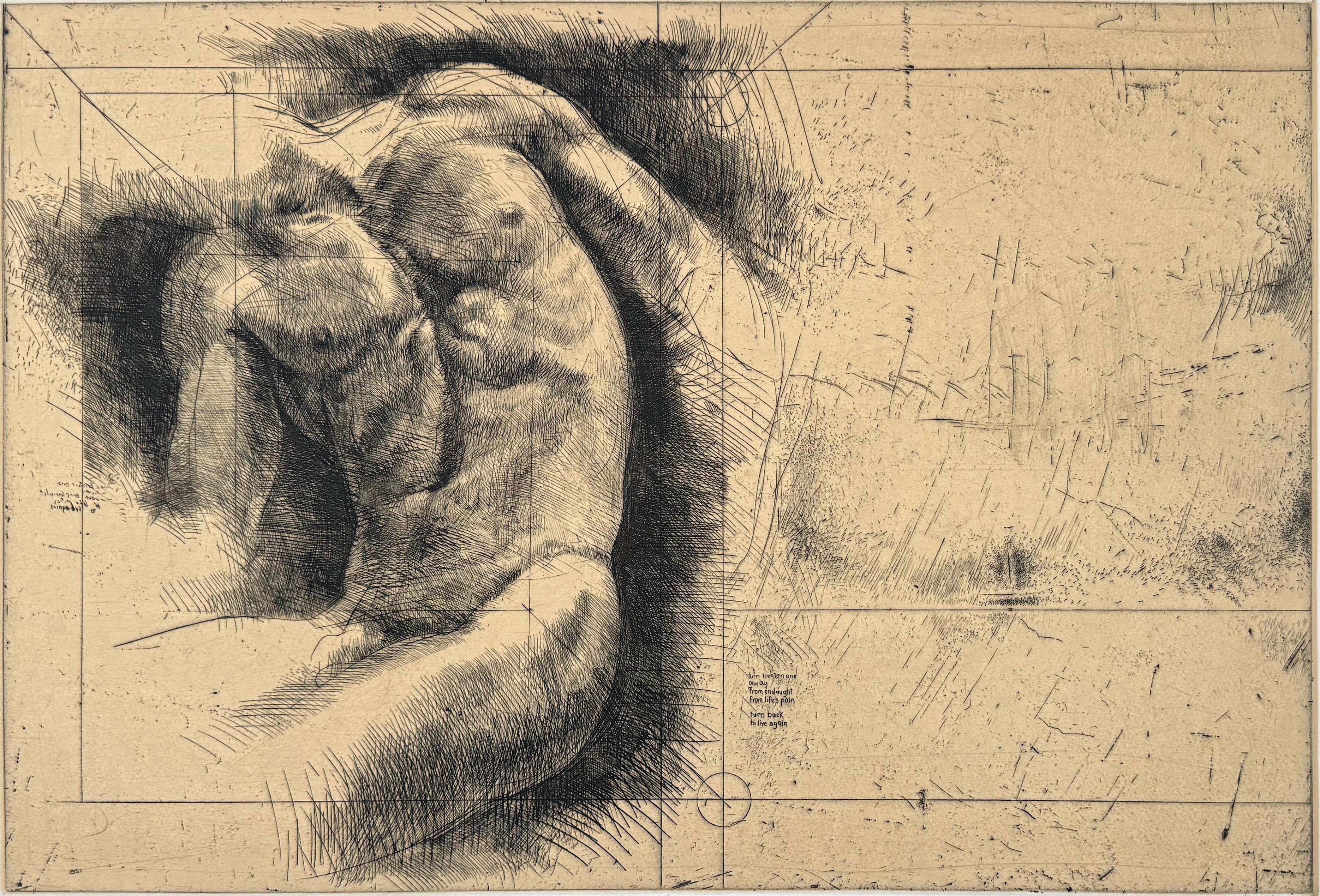 Medium: Radierung
Jahr: 1985
Auflage von 60 Stück
Bildgröße: 16 x 24 Zoll

Eine kraftvolle, intime Radierung/Tiefdruck von Trevor Southey mit dem Titel "Heartcry". Diese männliche Aktstudie, die mit lebendiger, ausdrucksstarker Linienführung und