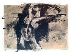 „Lifting“, Lithografie eines männlichen Aktes, signiert, 22 x 32, ausdrucksstarker Kunstdruck