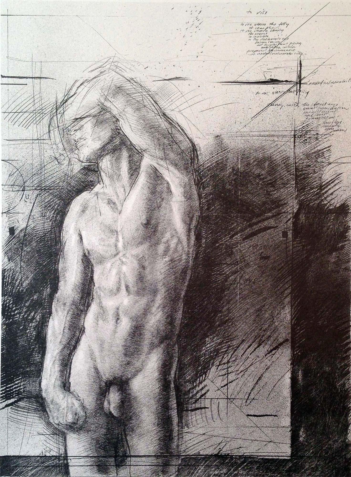 Male nude lithograph by Trevor Southey. Charcoal gray. There was also an edition done in terra cotta.

Trevor Southey was born in Rhodesia, Africa (now Zimbabwe) in 1940. His African heritage can be traced to European colonists who settled in Cape
