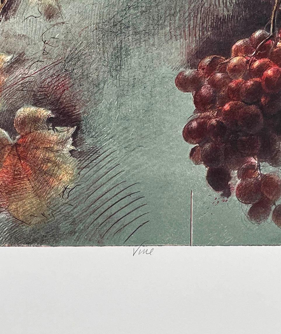 Signed, titled and numbered lithograph.. Edition of 150.
A beautiful botanical study of grapes, their vines and hand written poetry by the artist.

Trevor Southey was born in Rhodesia, Africa (now Zimbabwe) in 1940. His African heritage can be