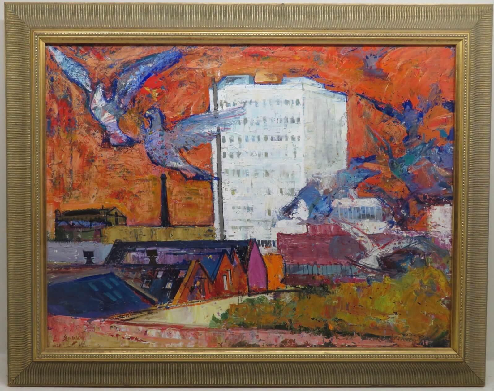 Trevor Stubley Landscape Painting - Original impressionist SIGNED FRAMED oil painting LEEDS Yorkshire STREET SCENE