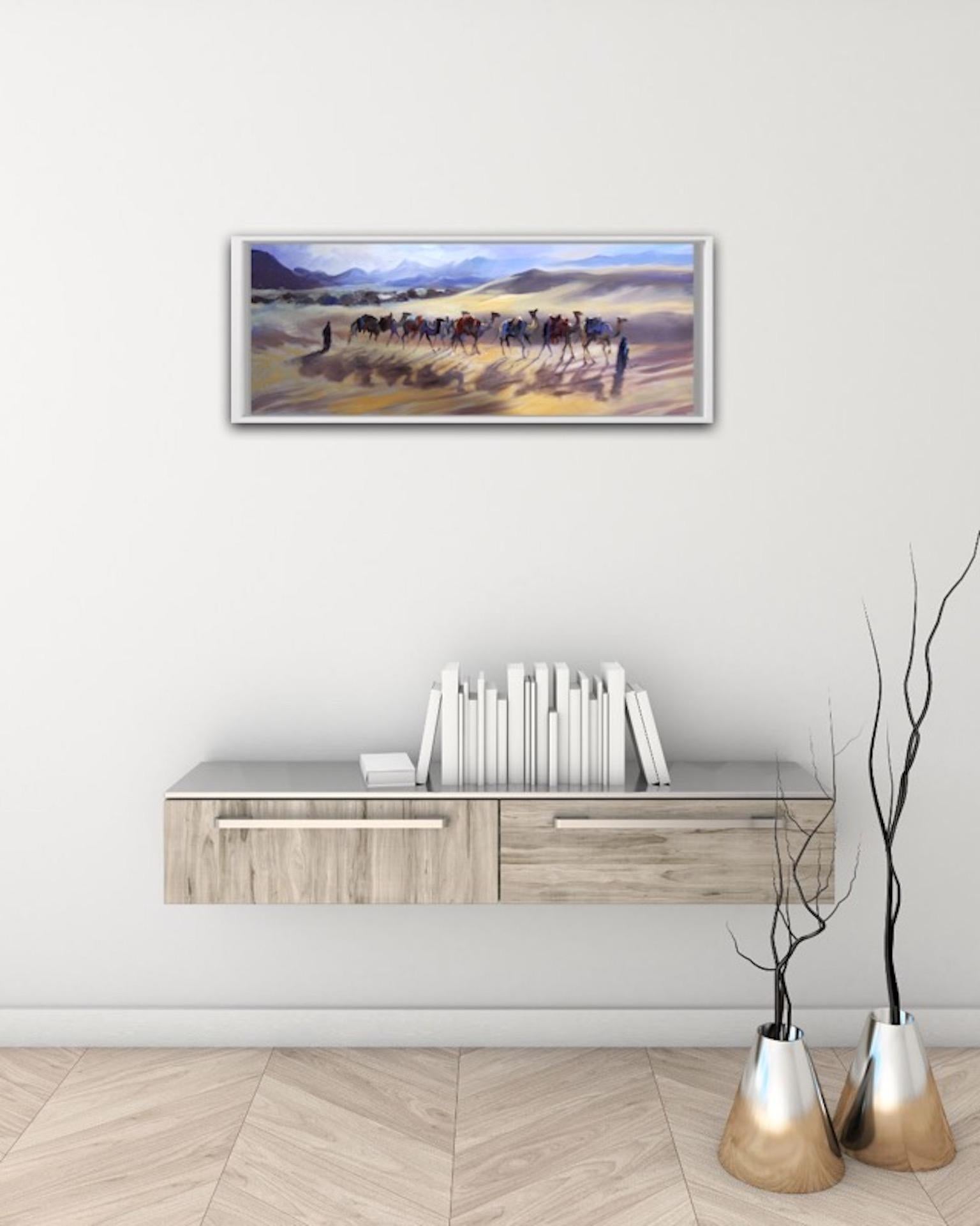 Trevor Waugh
Camels Contre Jour
Original Landscape Painting
Oil Paint on Canvas
Artwork Size: H 27.9cm x W 78.7cm x D 0.1cm
Sold Unframed
Please note that in situ images are purely an indication of how a piece may look.

Camels Conrte Jour is an