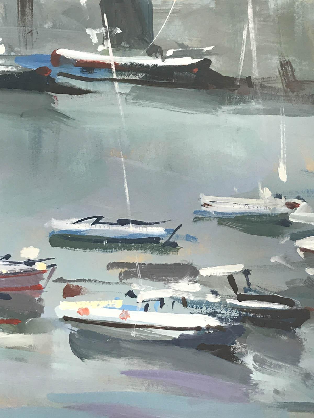 Cornish Harbour Lights, Original Oil Painting, Contemporary Art, Landscape Art - Gray Landscape Painting by Trevor Waugh