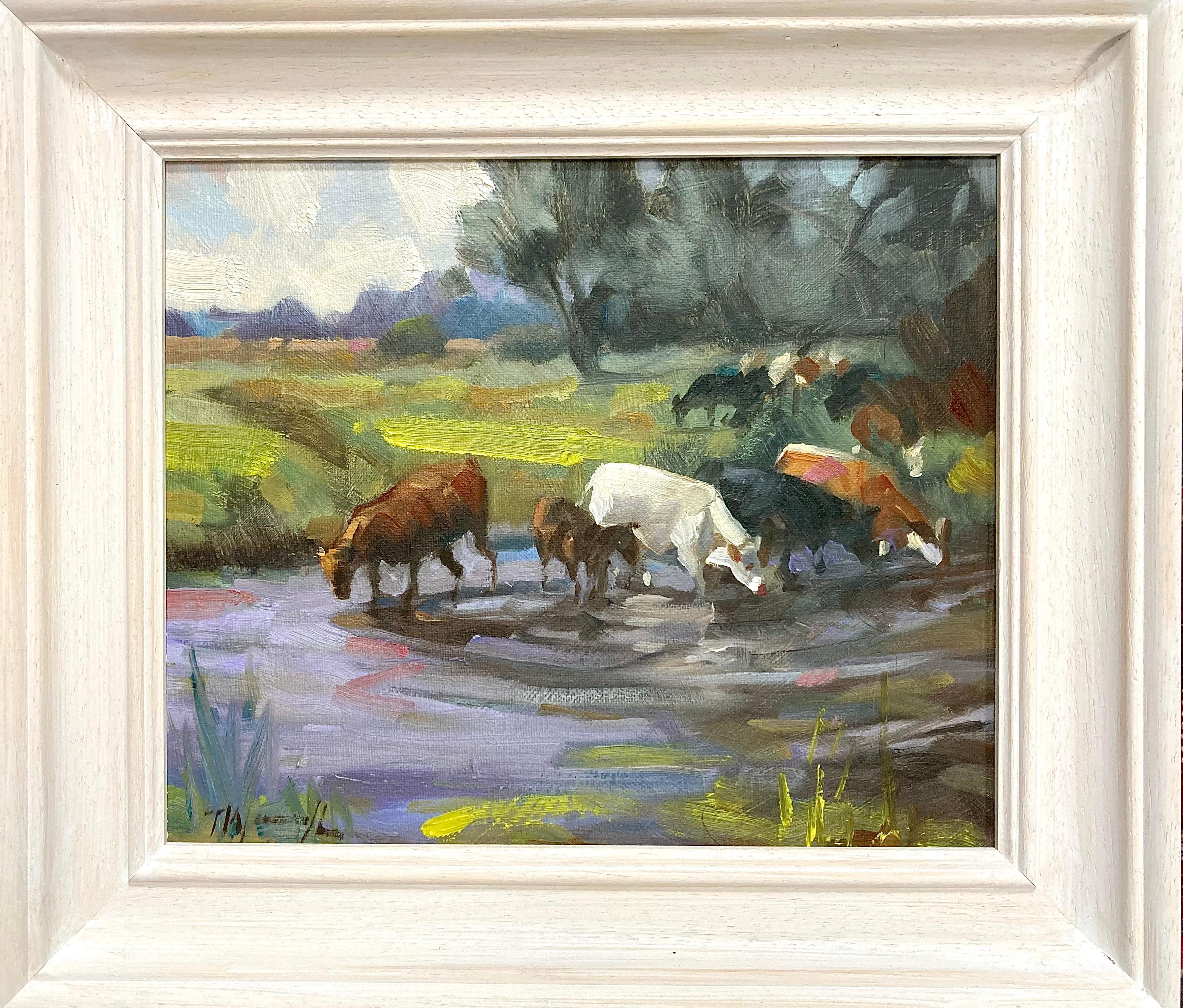 Cows by the Riverside, original painting, contemporary, landscape - Contemporary Painting by Trevor Waugh