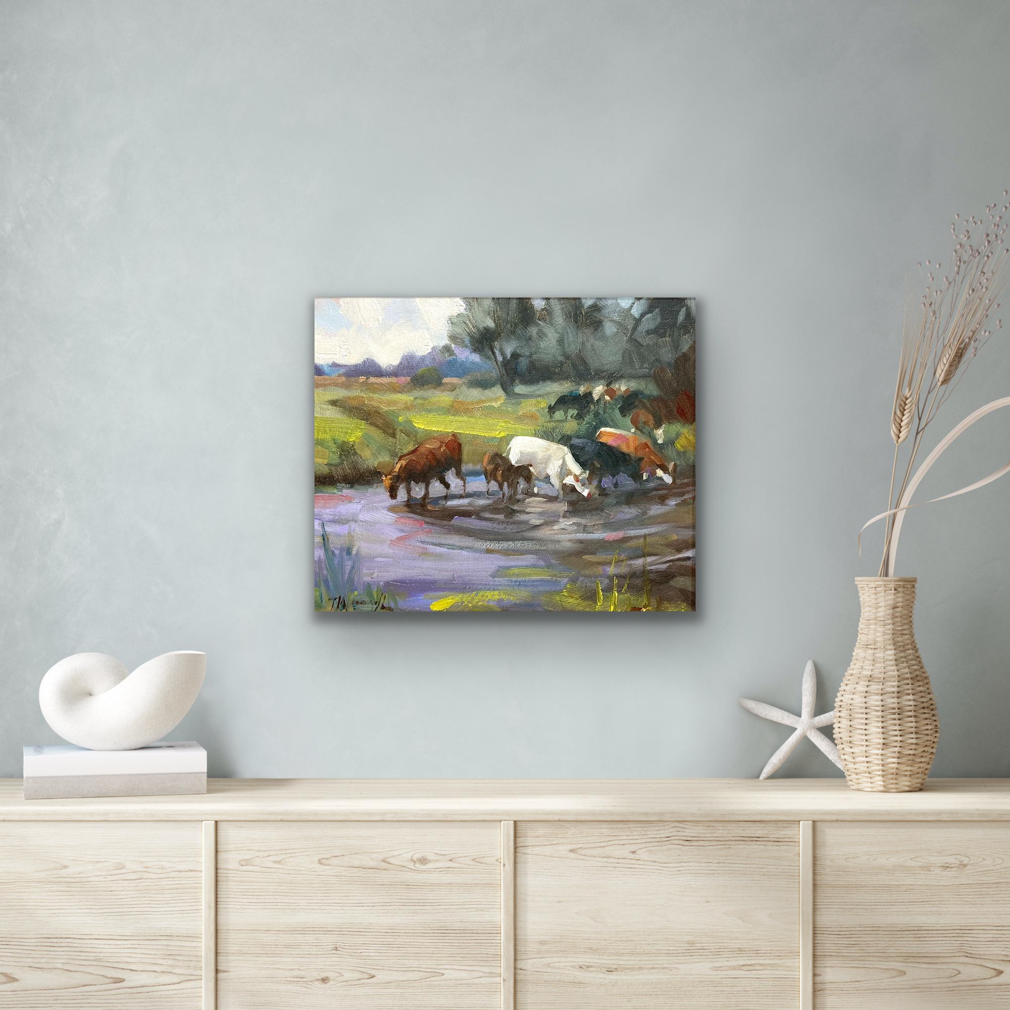 Cows by the Riverside, original painting, contemporary, landscape For Sale 2