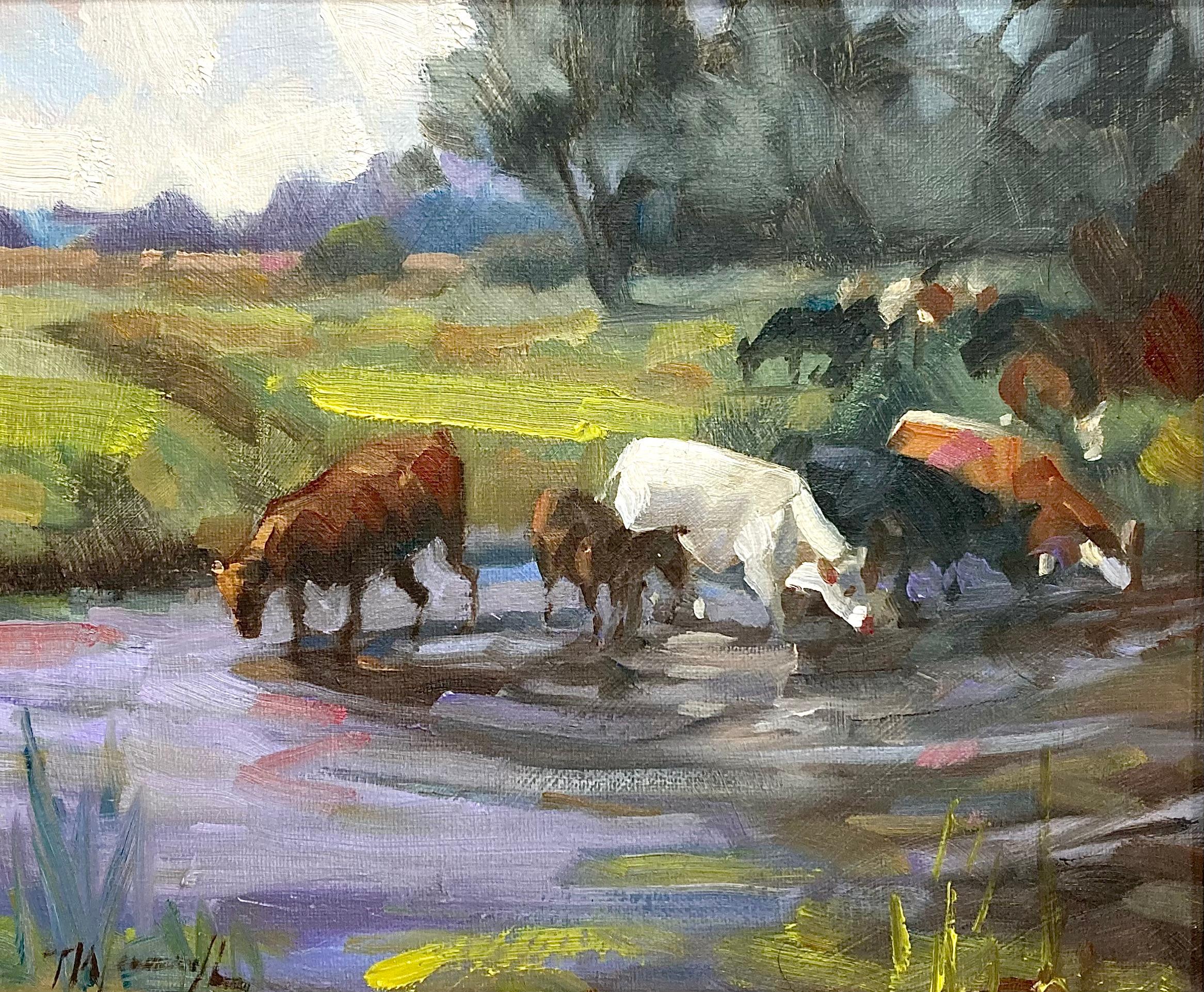 Cows by the Riverside, original painting, contemporary, landscape - Painting by Trevor Waugh