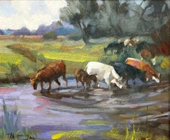 Vacas junto al río, pintura original, contemporáneo, paisaje
