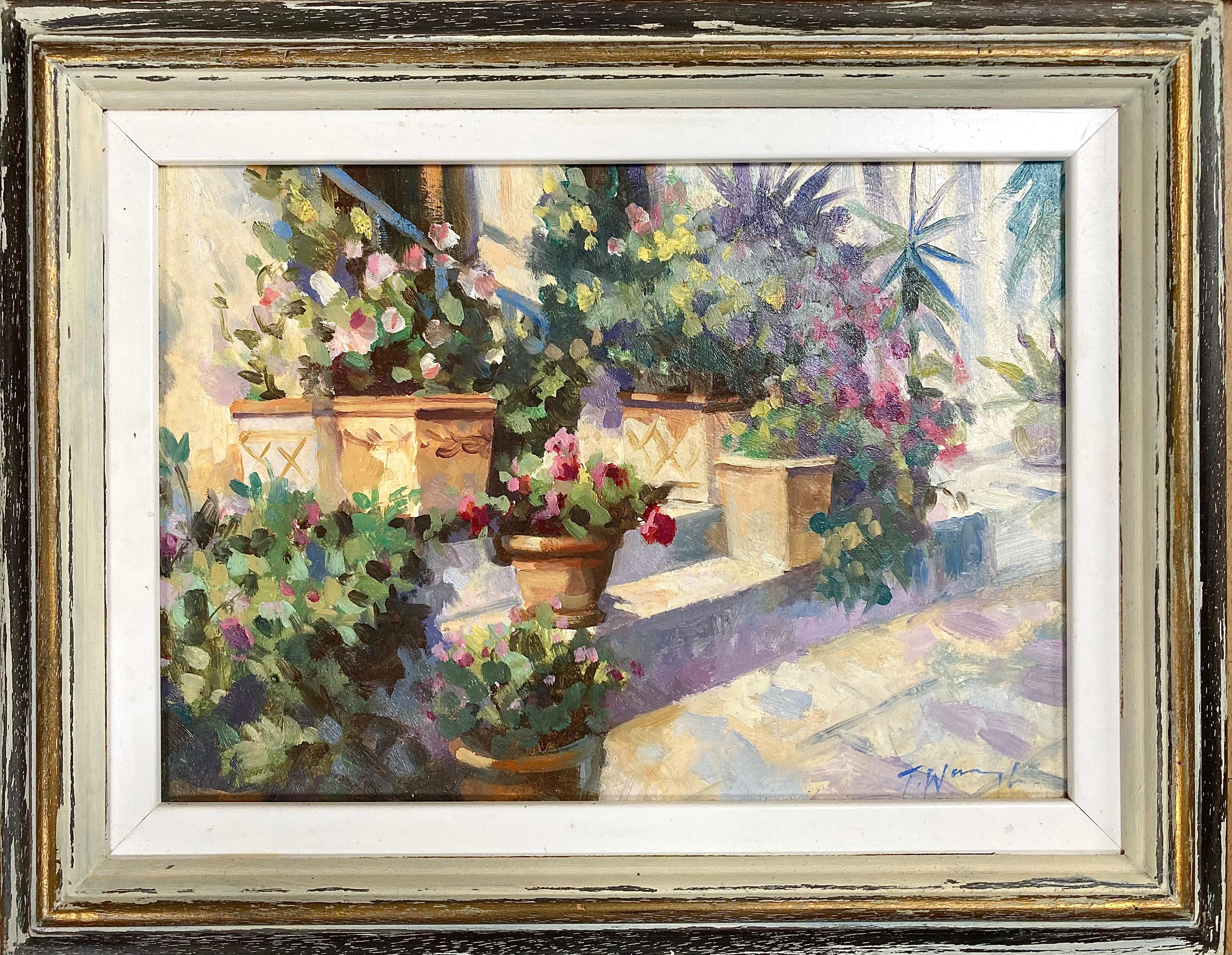 Dieses Bild habe ich auf einer meiner vielen Reisen nach Frankreich in einem Ort namens Narbonne gemalt. Ein ruhiges Städtchen mit verwinkelten Straßen und Blumen vor der Haustür. Diese besondere Stufe fiel mir wegen des Lichteinfalls auf. Es ist