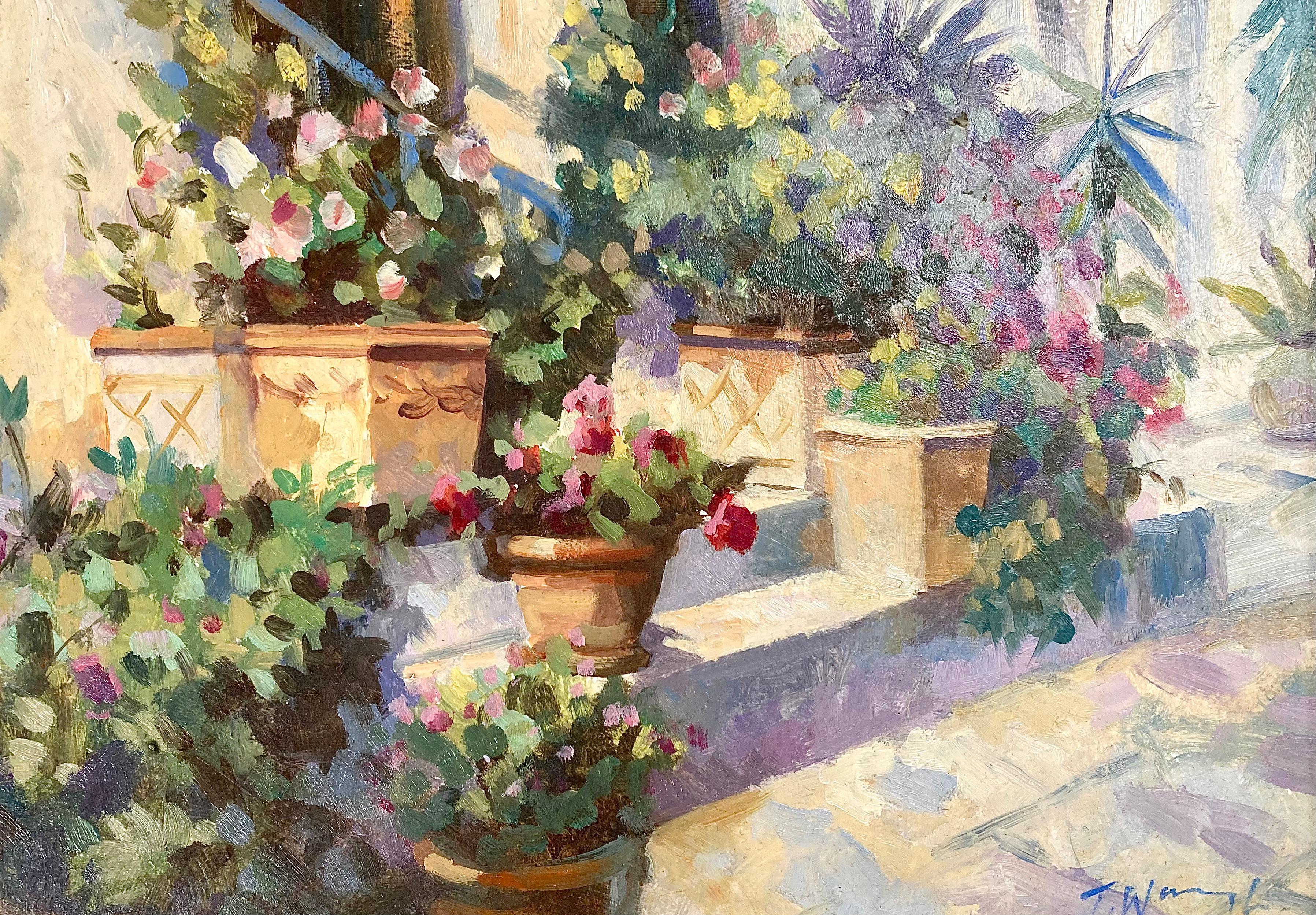 Trevor Waugh Figurative Painting – Französische Blumentöpfe, Originalgemälde, zeitgenössisch, Landschaft, floral