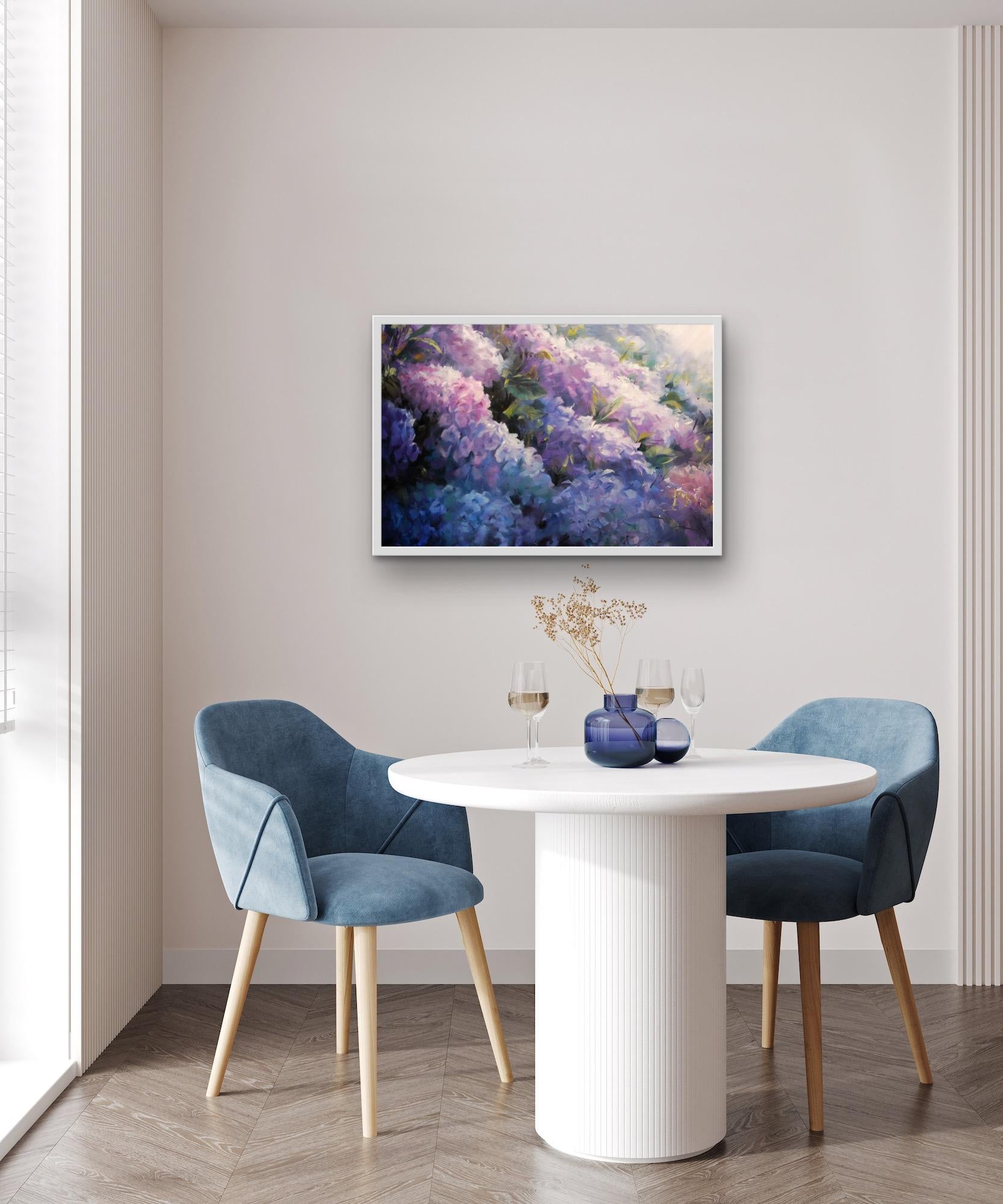 Hydrangeas in Sunlight, floral art, original art, affordable art - Painting by Trevor Waugh