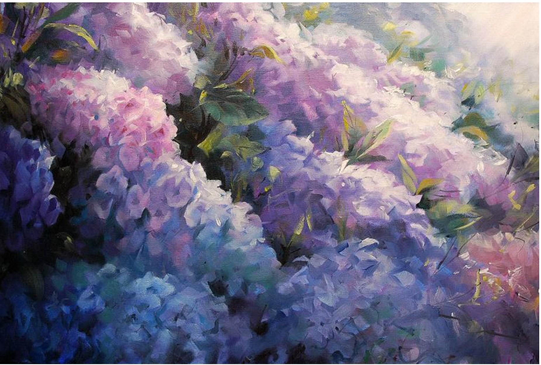 Trevor Waugh Still-Life Painting - Hydrangeas in Sunlight, floral art, original art, affordable art