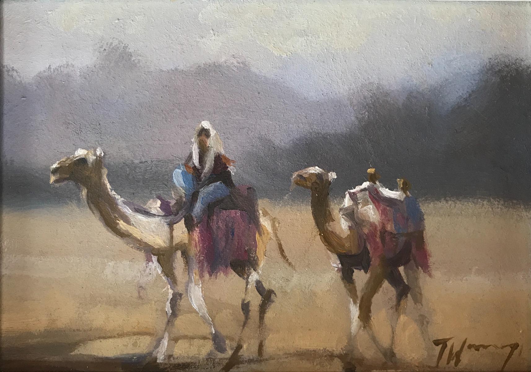 Chameaux d'Oman, peinture originale, contemporaine, paysage