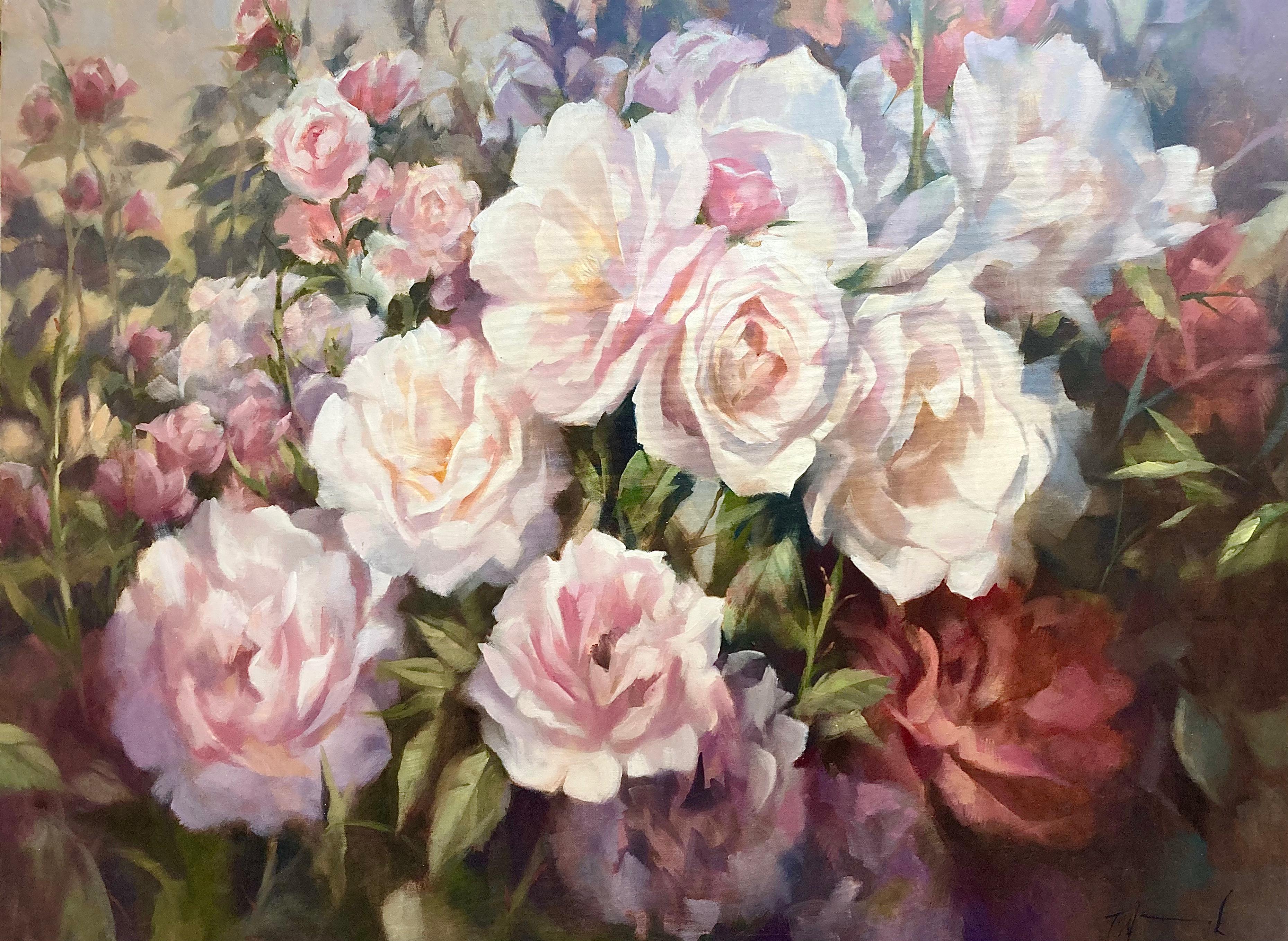 Ein großes Rosenbild aus meinem eigenen Garten mit New Dawn und Rosa Bonica. Besuche in Kew Gardens, um in den dortigen Rosengärten zu malen und ein Aquarellbuch für sie fertigzustellen, führten zur Fertigstellung mehrerer größerer Ölgemälde, die