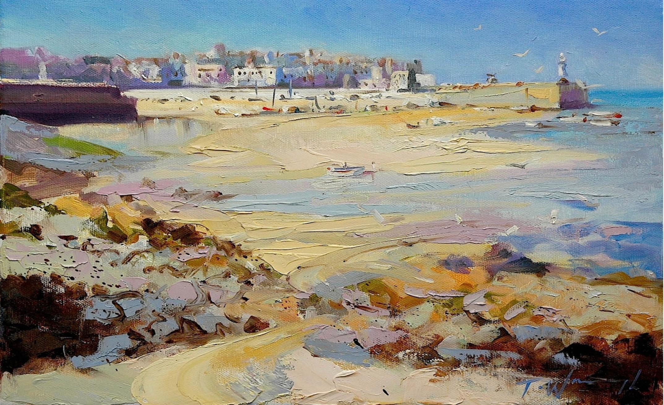 Landscape Painting di Trevor Waugh - St Ives, Cornovaglia, dipinto di paesaggio costiero, opera d'arte impressionista a prezzi accessibili