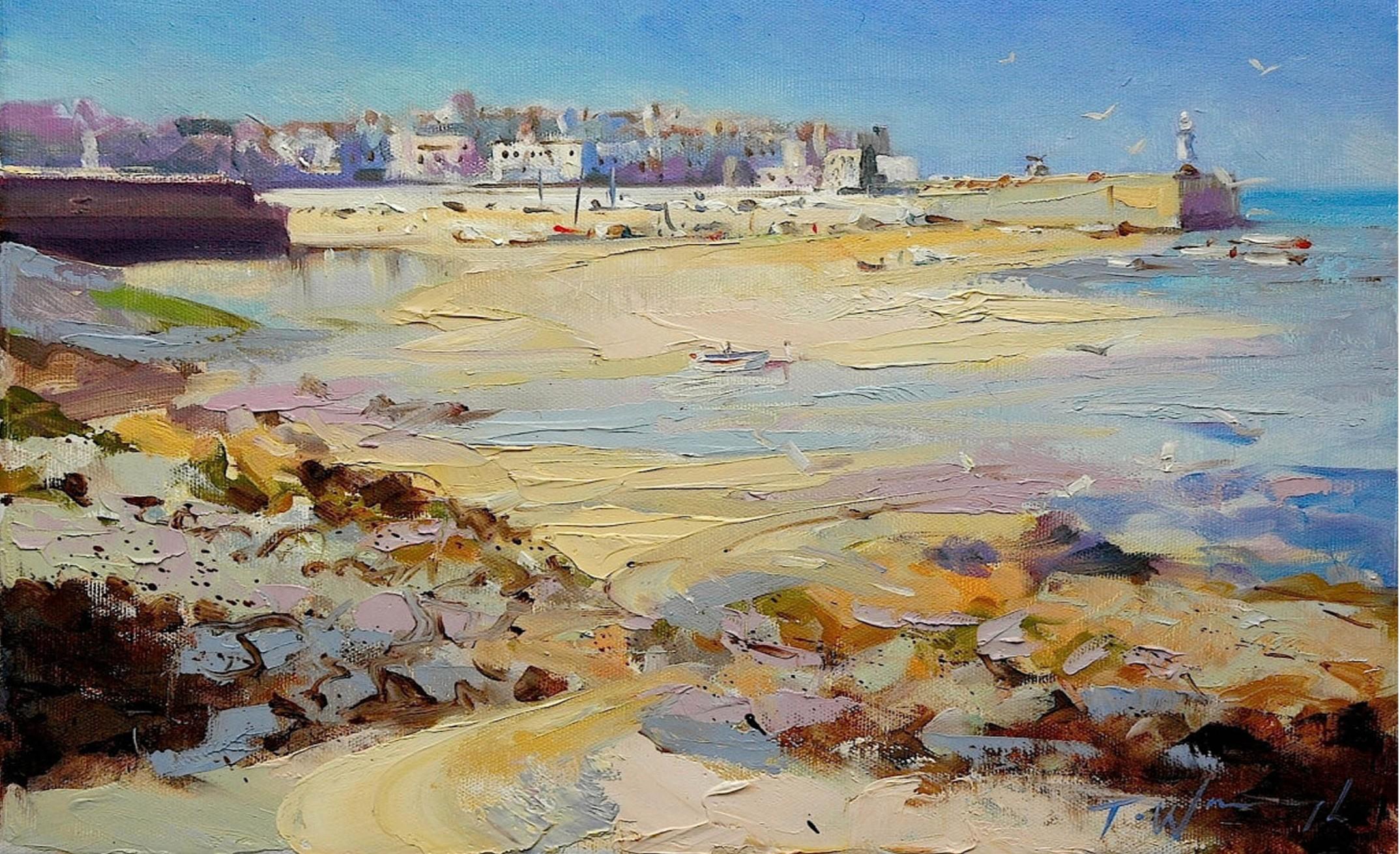 St Ives, Cornouailles, Trevor Waugh, Bright Beach Art, peinture originale, paysage marin