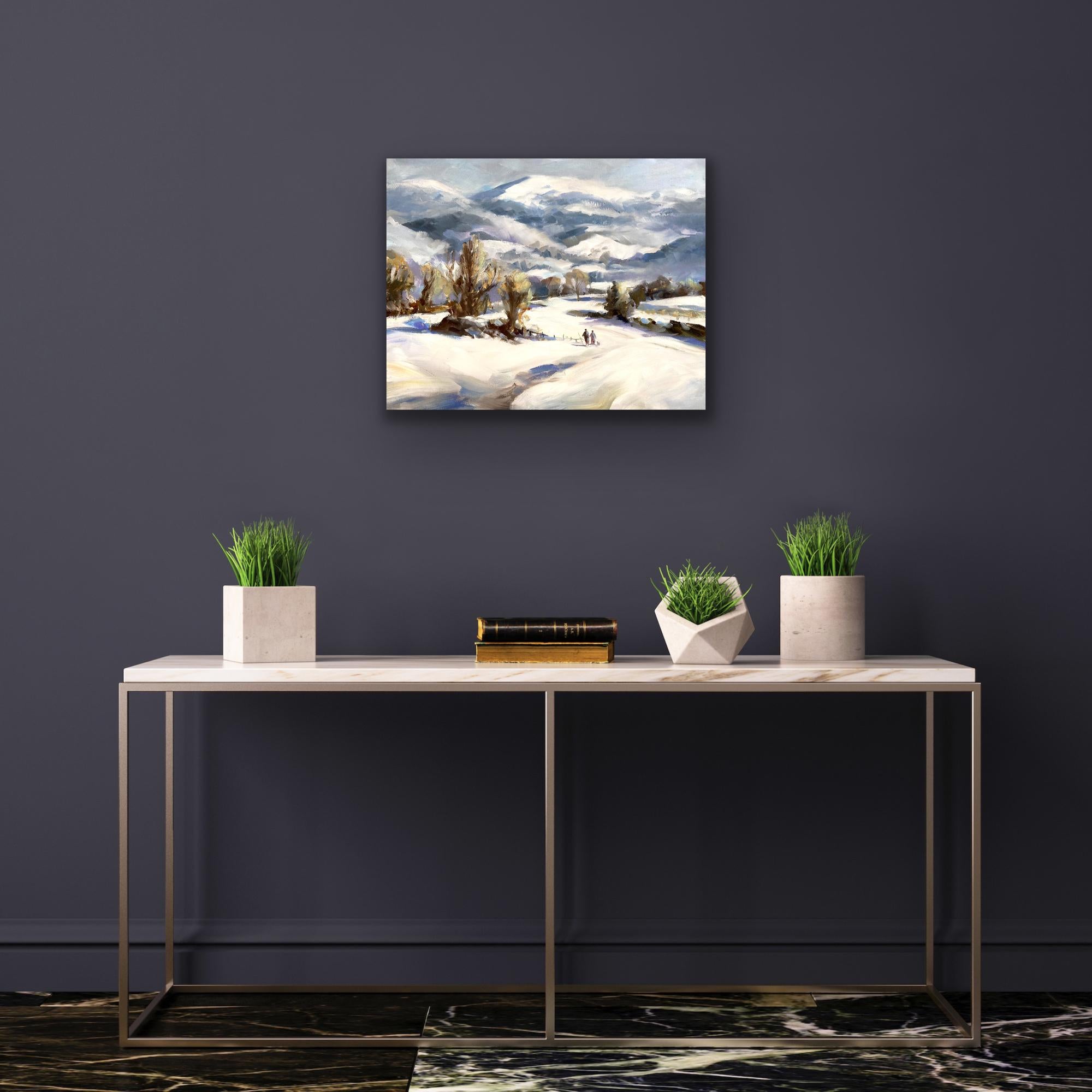 Die Malverns im Schnee, Originalgemälde, zeitgenössisch, Landschaft (Grau), Figurative Painting, von Trevor Waugh