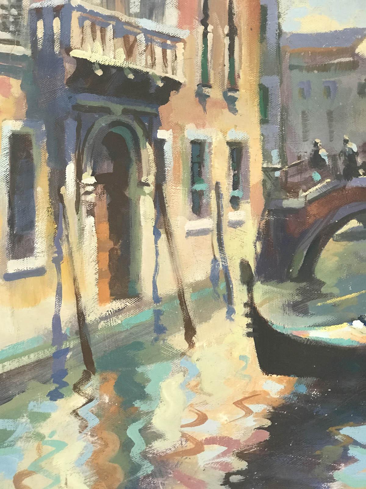 Trevor Waugh
Please note that in situ images are purely an indication of how a piece may look.

Venetian Canal is an original Trevor Waugh oil painting. The highly contrasted colours in the water and narrow perspective created by the positioning of