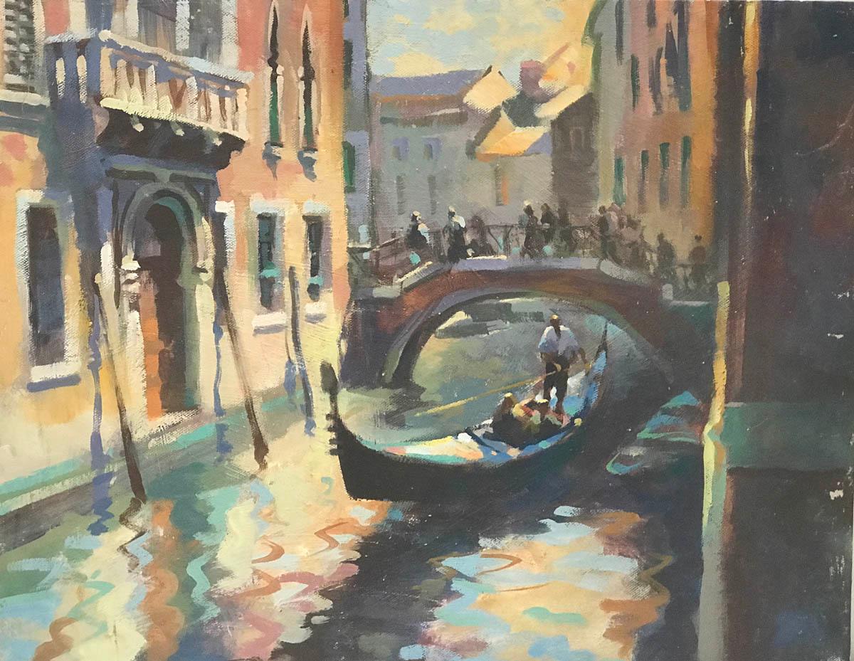 Trevor Waugh Landscape Painting - Venetian Canal, Venice, Impressionist Style Venice Painting, Travel Painting