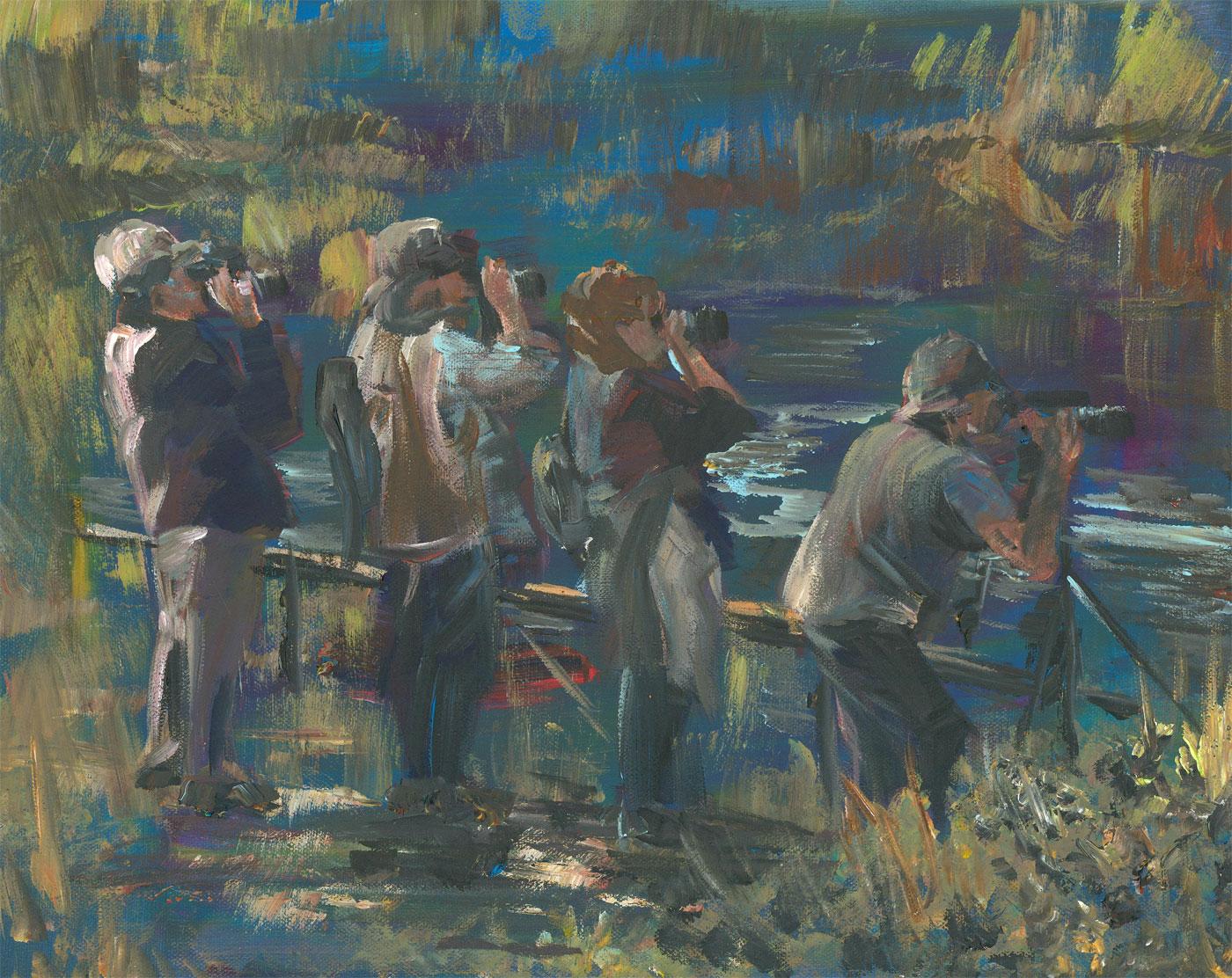 An expressive acrylic study of four enthusiastic bird watchers looking for a bittern in a wetland reserve. Signed and titled to the reverse. On canvas on stretchers. panel. 