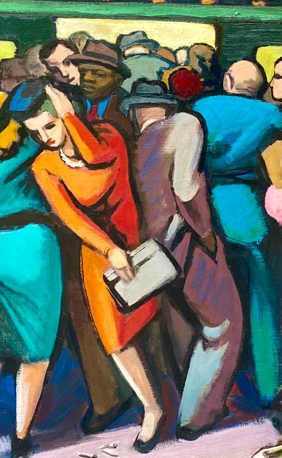NYC U-Bahn Mitte des 20. Jahrhunderts Amerikanischer Modernismus WPA Realismus Industrieller farbenfroher – Painting von Trew Hocker