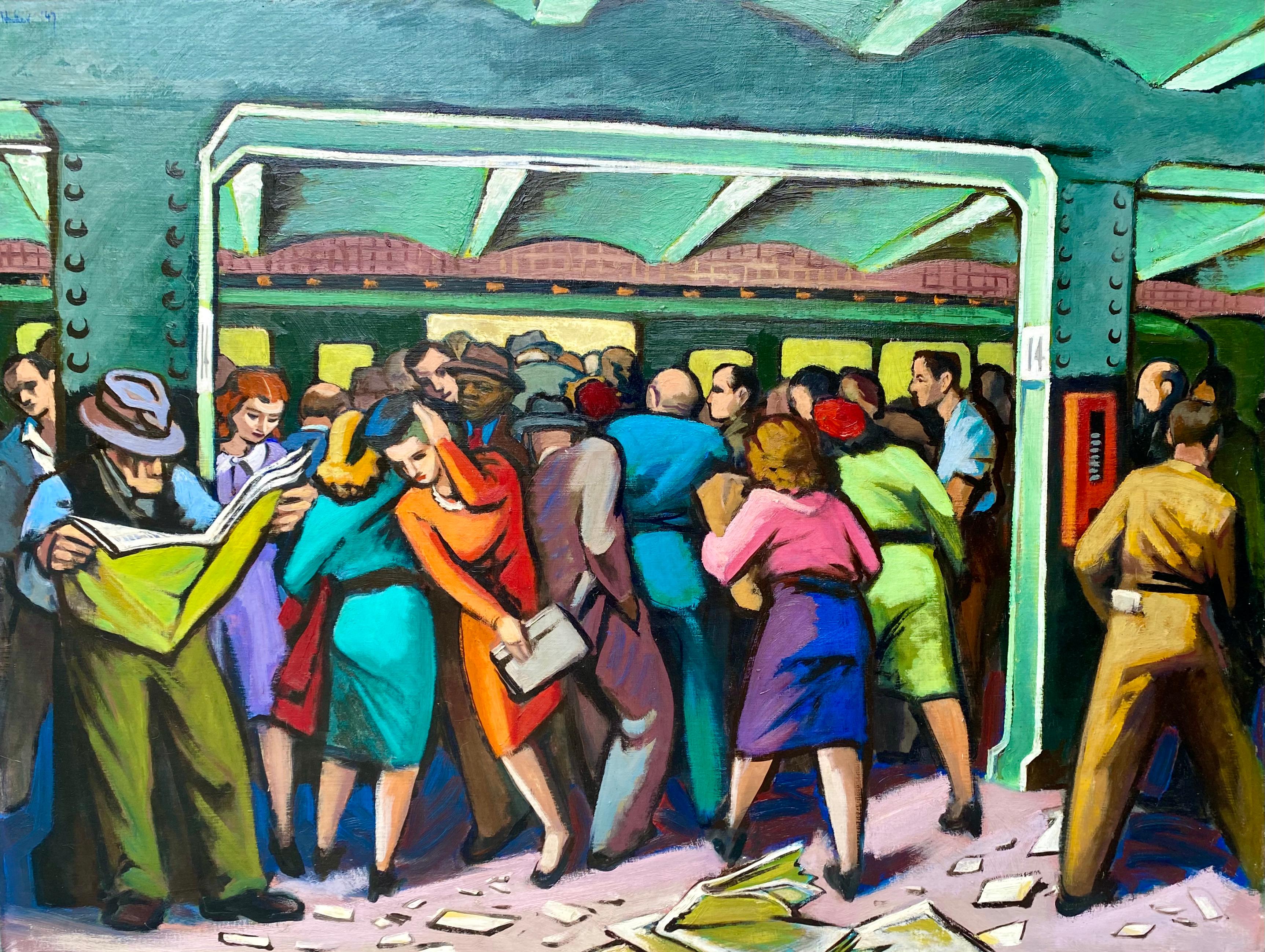 NYC U-Bahn Mitte des 20. Jahrhunderts Amerikanischer Modernismus WPA Realismus Industrieller farbenfroher (Braun), Interior Painting, von Trew Hocker
