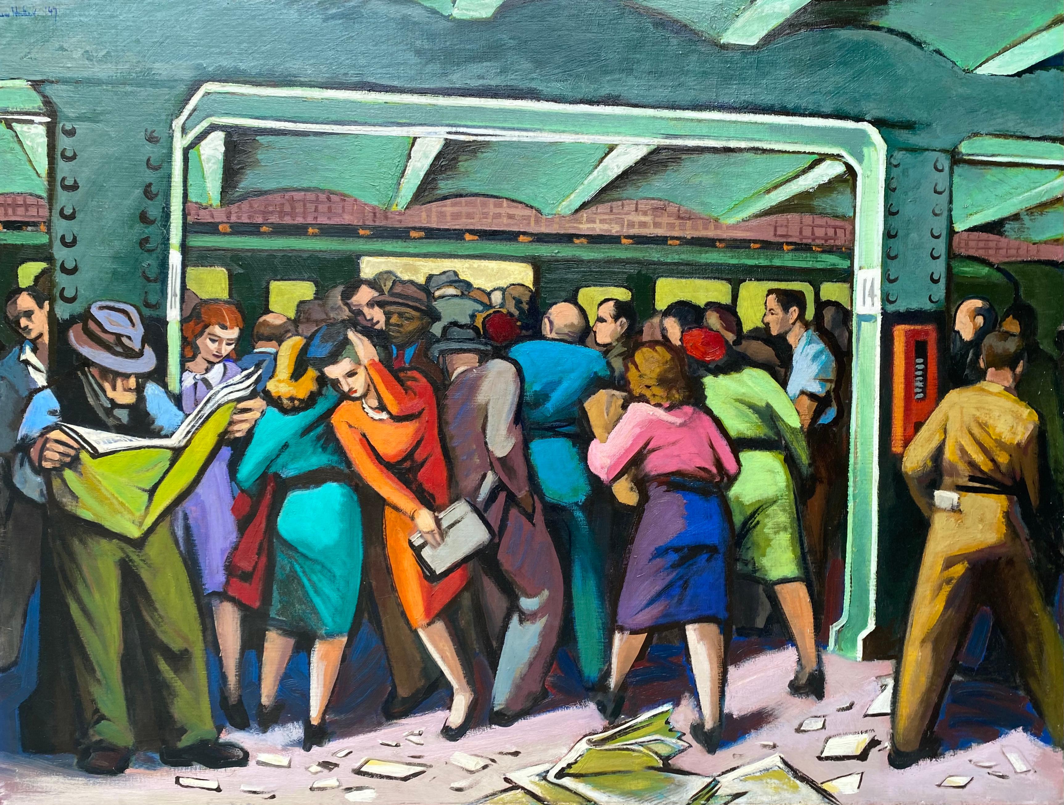 Trew Hocker Interior Painting – NYC U-Bahn Mitte des 20. Jahrhunderts Amerikanischer Modernismus WPA Realismus Industrieller farbenfroher