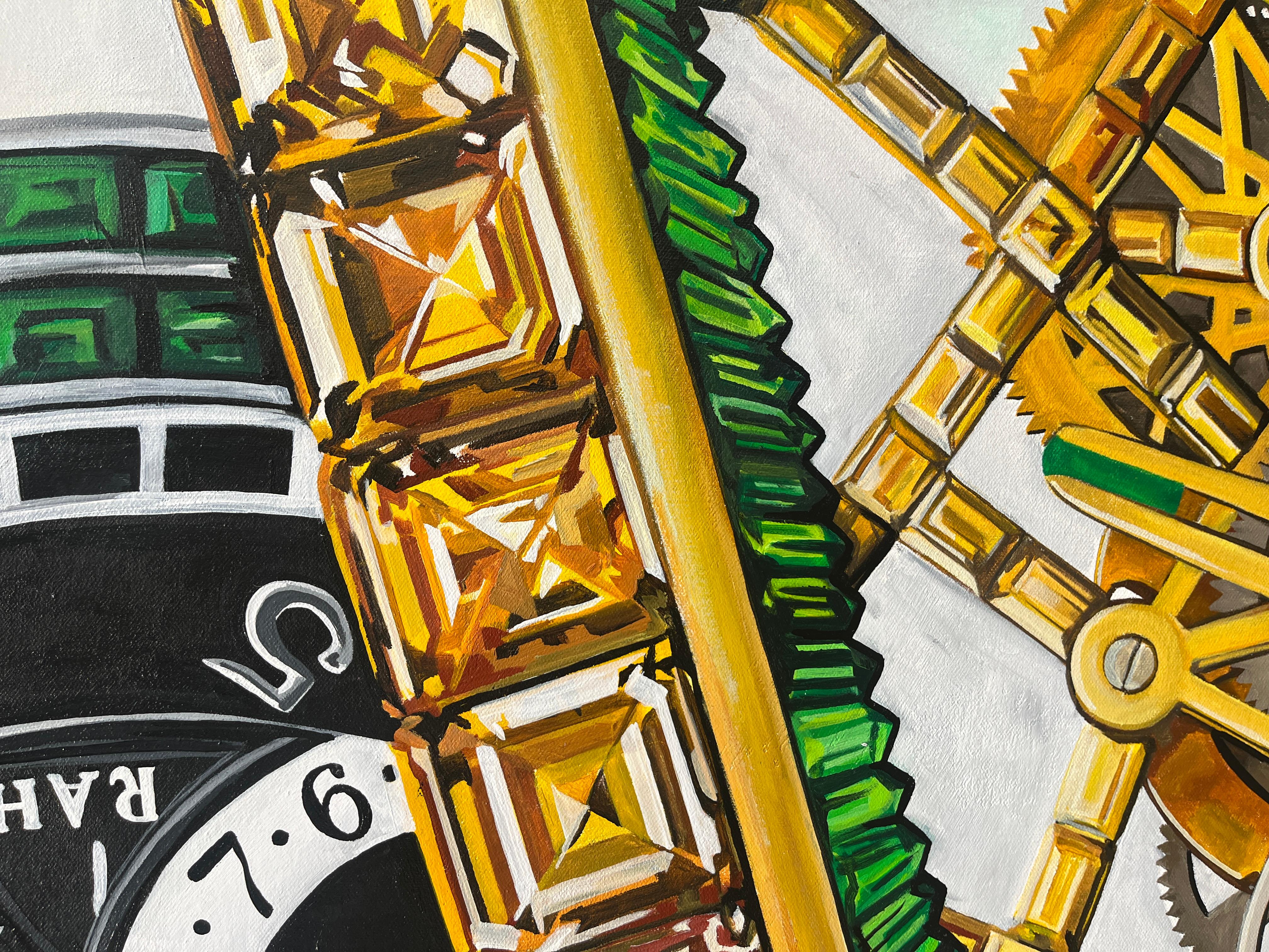 Immerse yourself in the kaleidoscopic world of Trew Love’s painting, a pop art masterpiece that beckons viewers into the alluring embrace of consumerism. This vibrant and audacious painting showcases an array of luxurious watches, each timepiece a