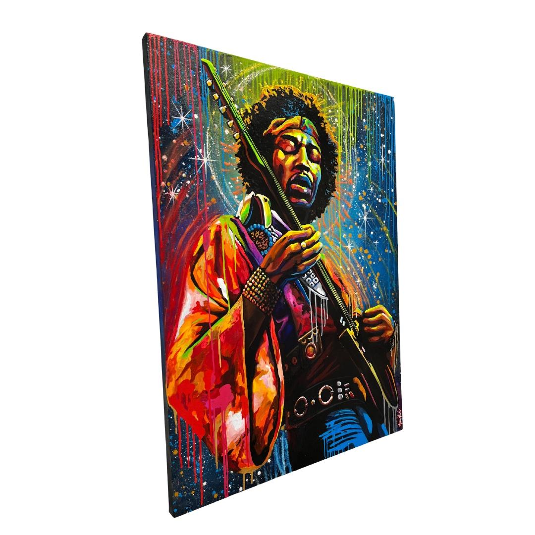 Cosmic Groove- Vivid and colorful cool toned pop art painting of Jimi Hendrix - Painting by Trew Love