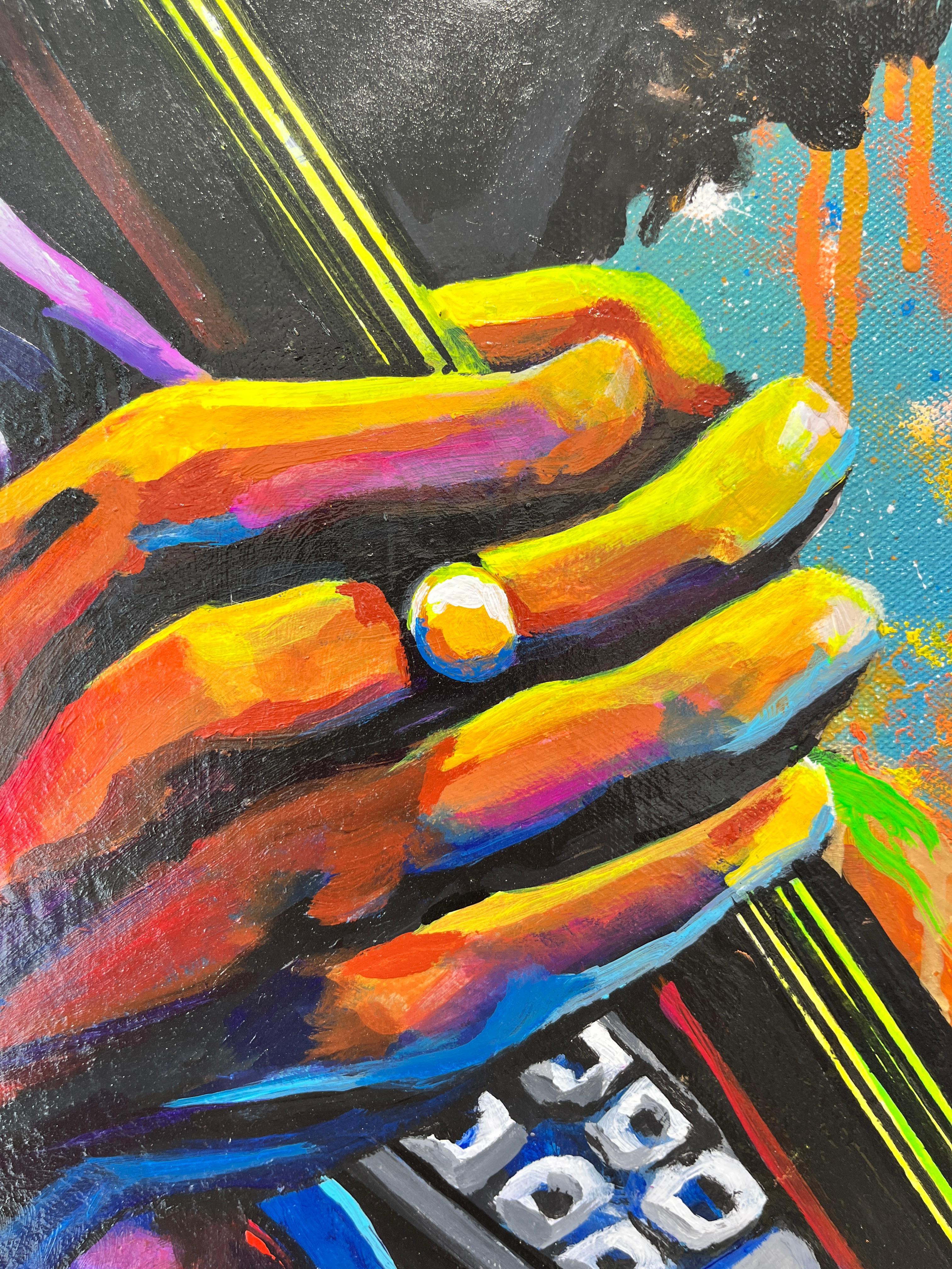 Cosmic Groove – lebendiges und farbenfrohes, kühles Pop-Art-Gemälde von Jimi Hendrix im Angebot 1